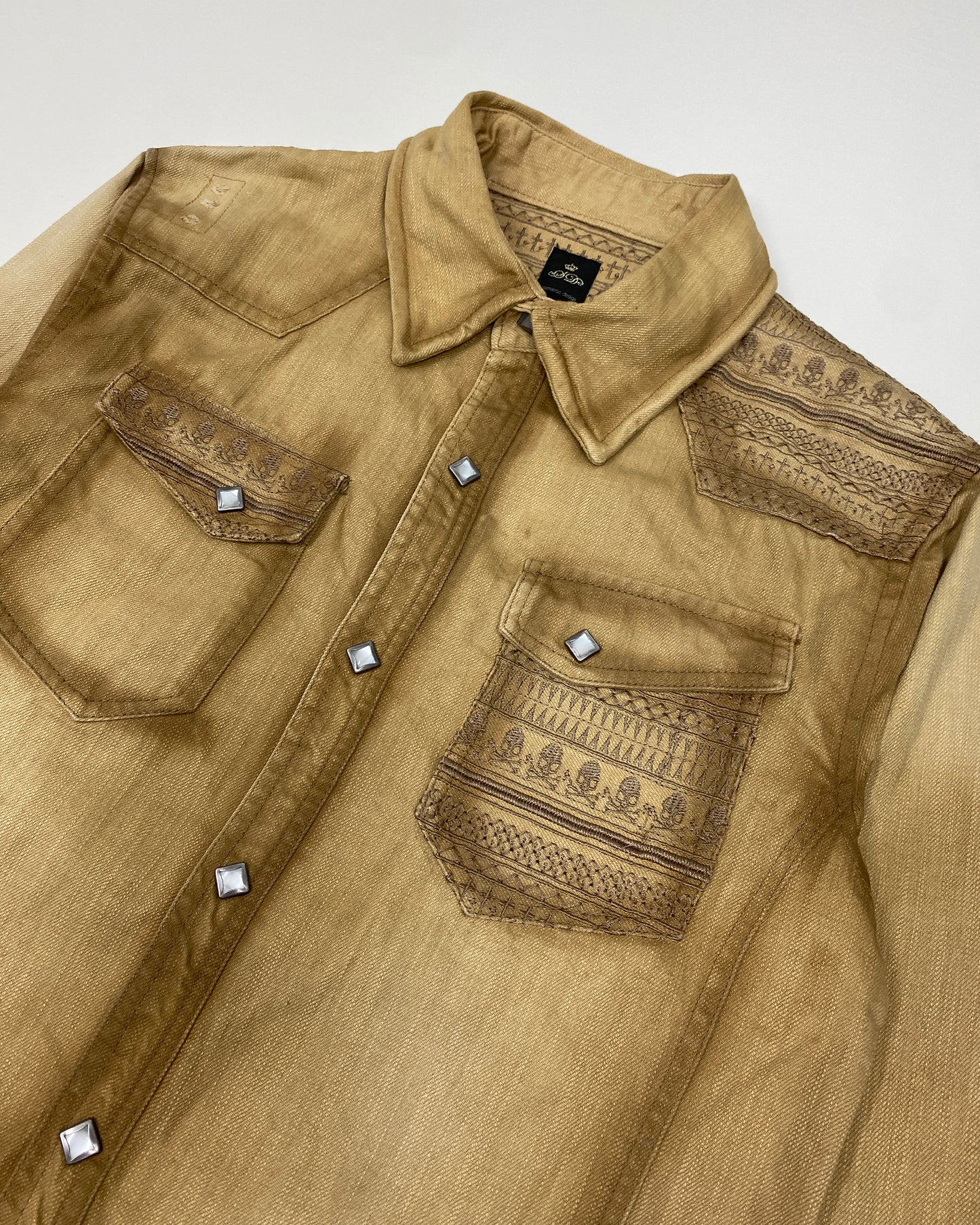 Semantic Design 2000s Embroidered Skull Push Button Shirt Beige