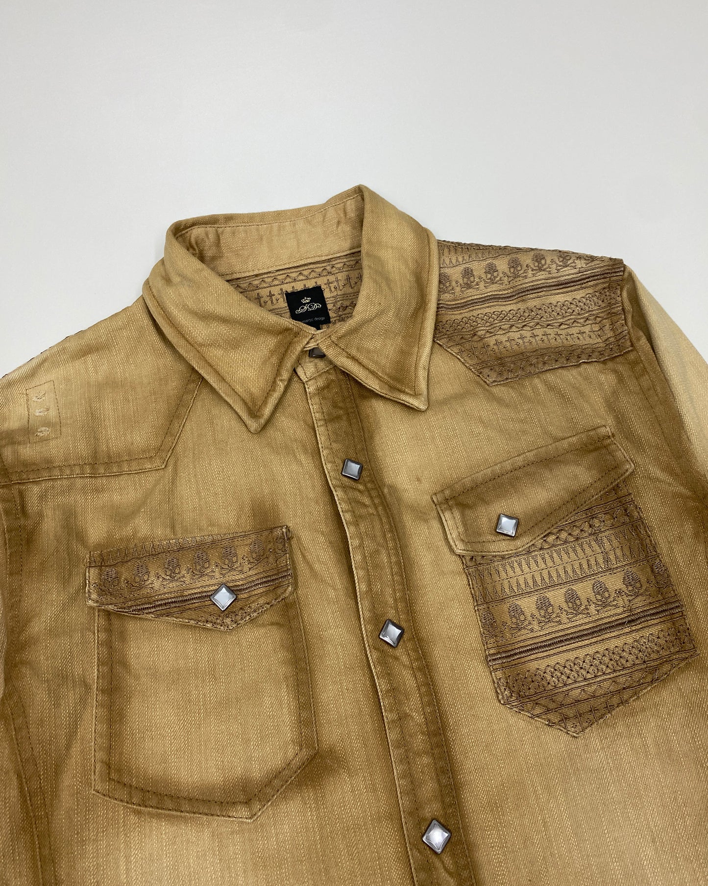 Semantic Design 2000s Embroidered Skull Push Button Shirt Beige