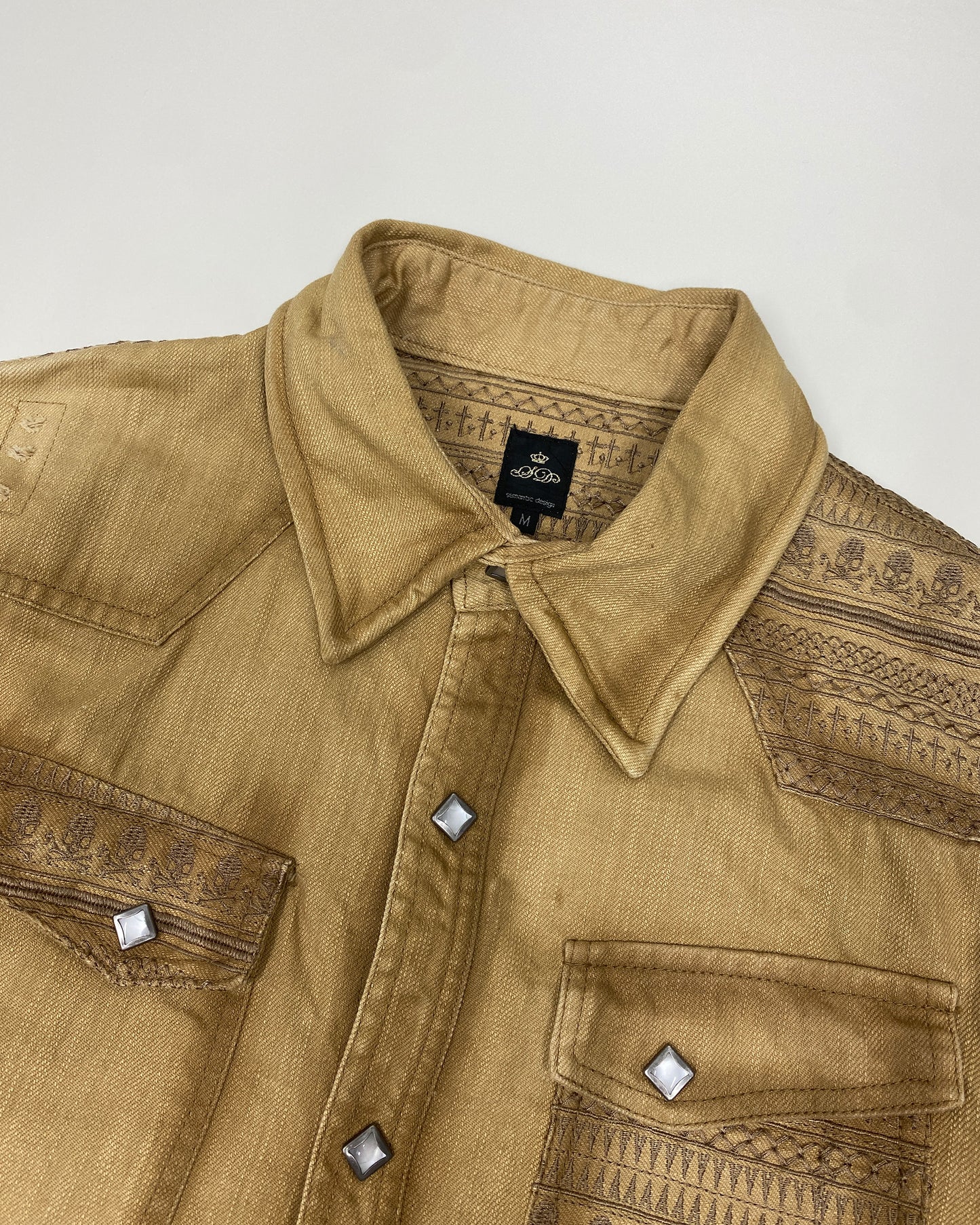 Semantic Design 2000s Embroidered Skull Push Button Shirt Beige