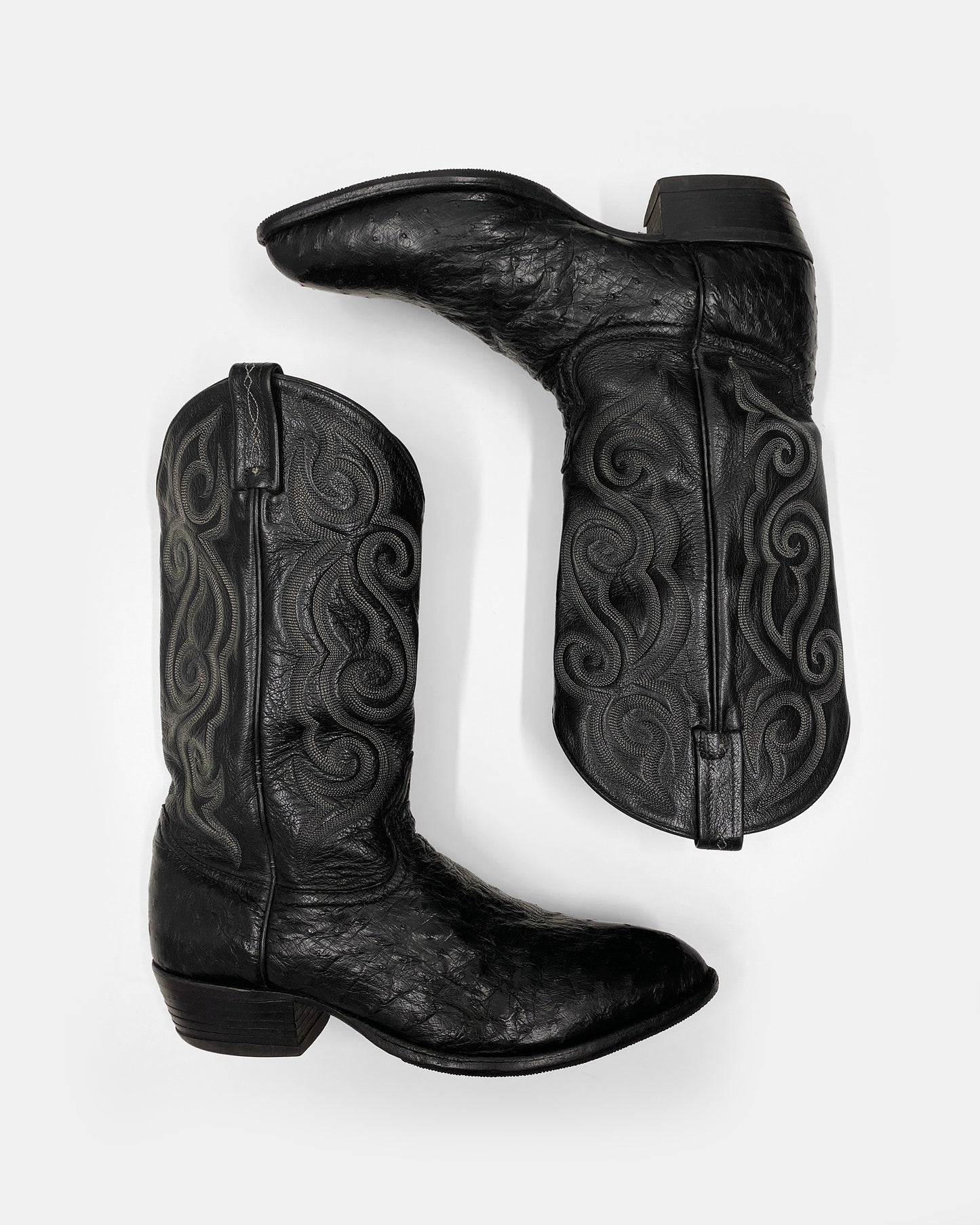 Tony Lama 2000s Cowboy Ostrich Leather Boots Black