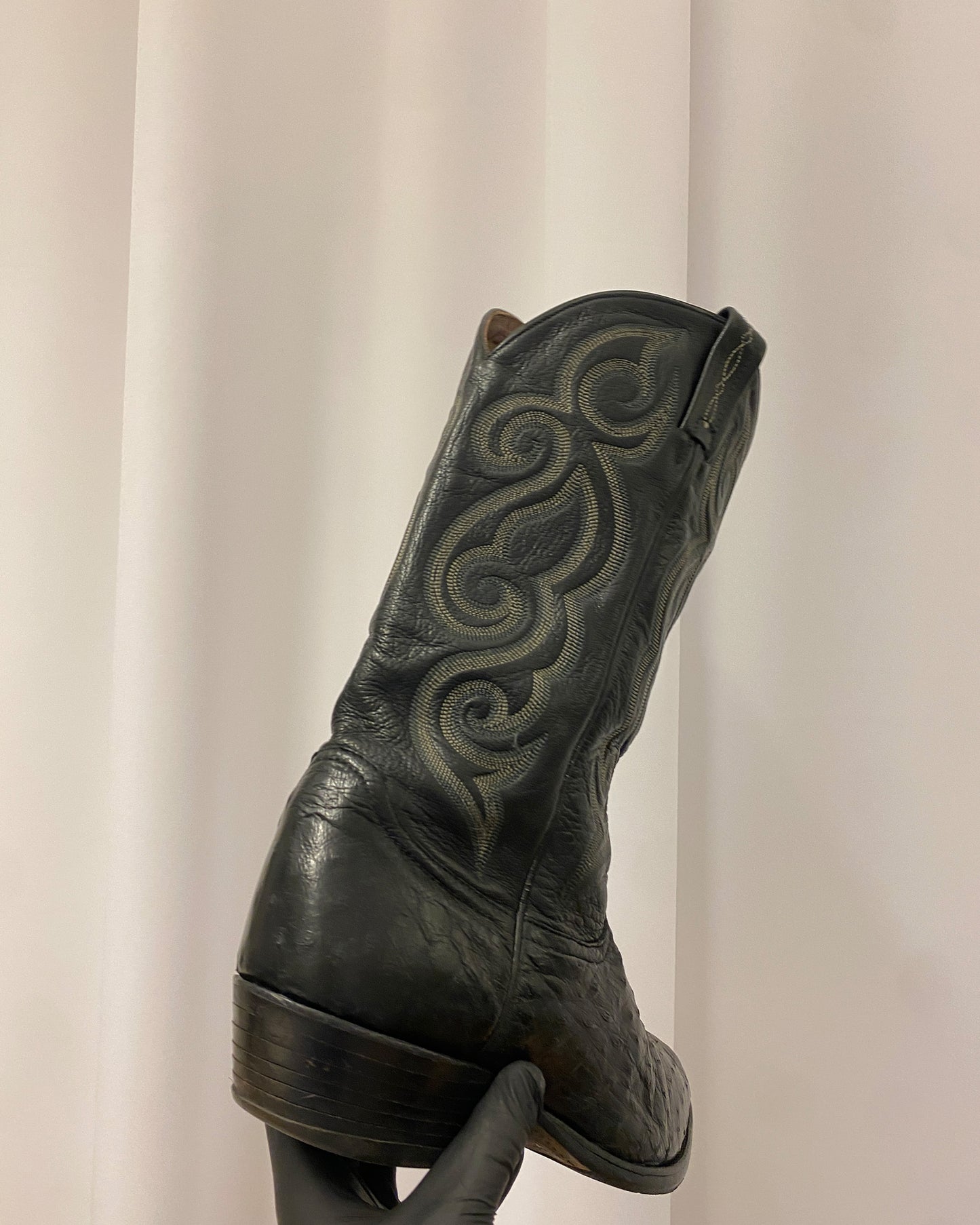 Tony Lama 2000s Cowboy Ostrich Leather Boots Black