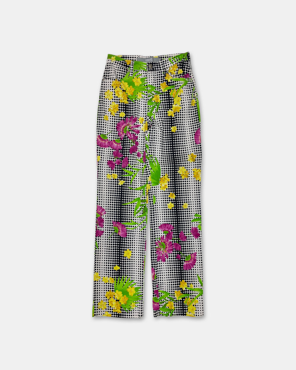 Versace Jeans Couture 1990s Dot Gird Flower All Over Print Pants White Multicolor