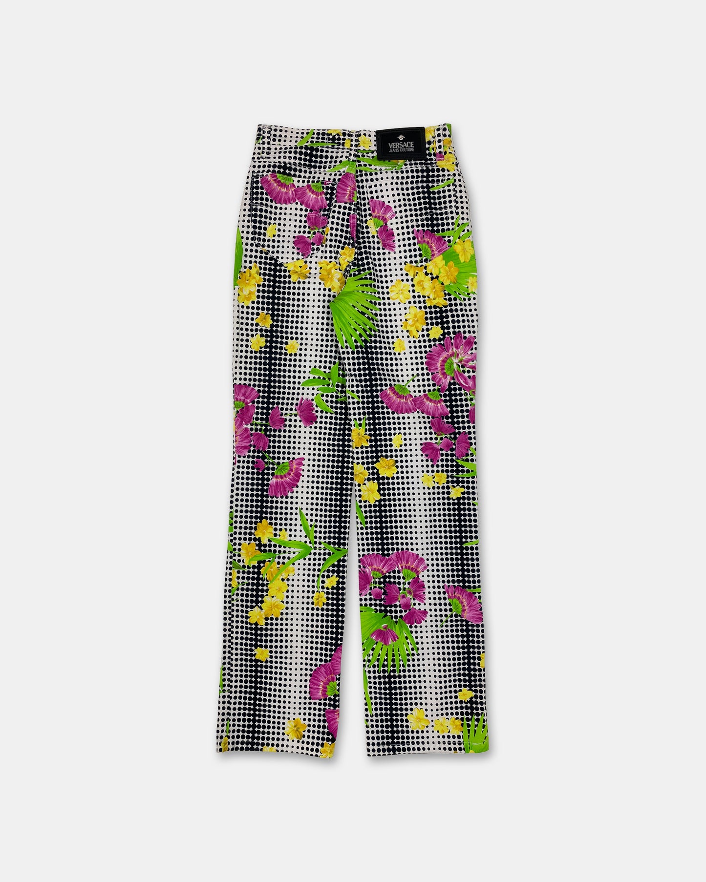Versace Jeans Couture 1990s Dot Gird Flower All Over Print Pants White Multicolor