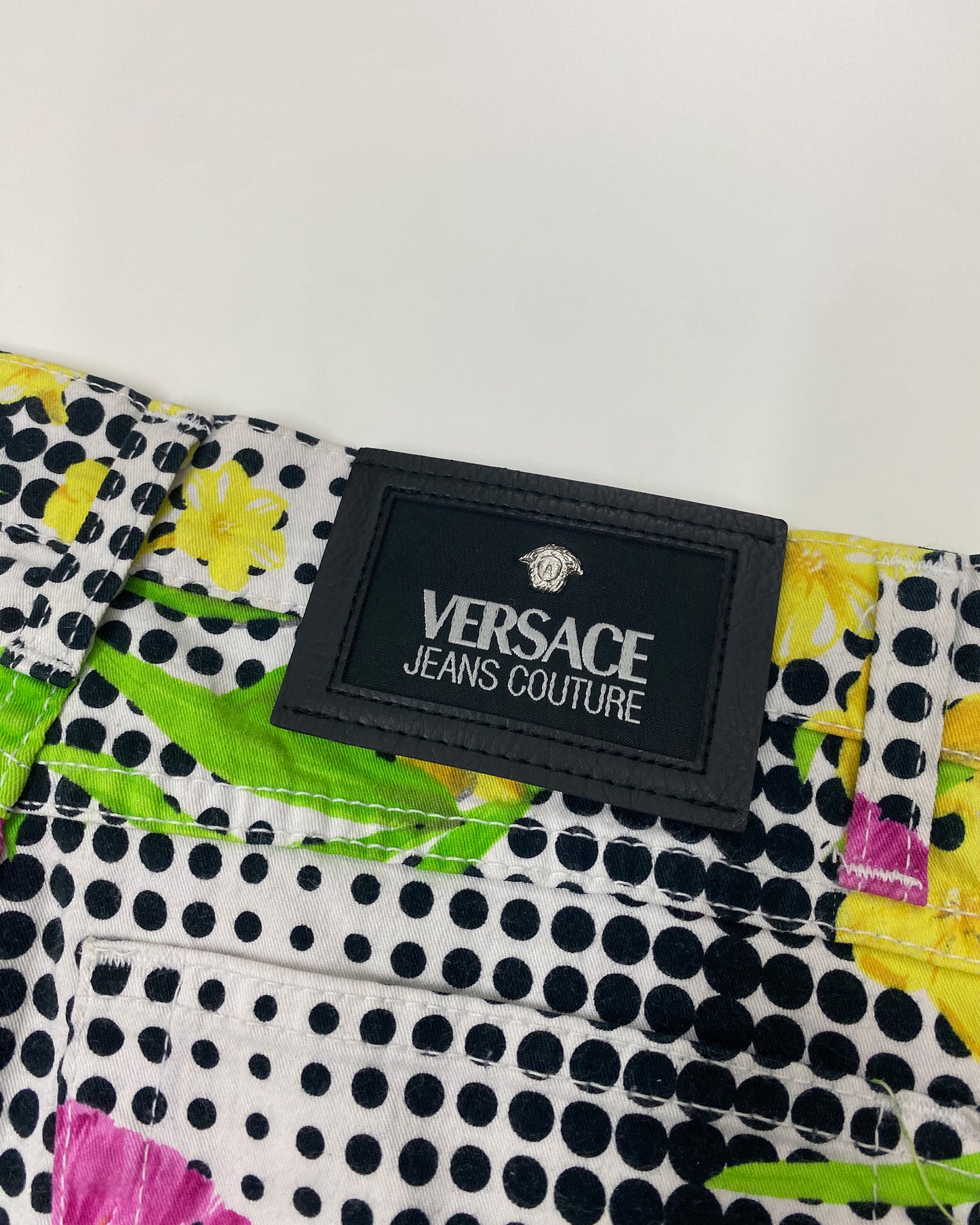 Versace Jeans Couture 1990s Dot Gird Flower All Over Print Pants White Multicolor