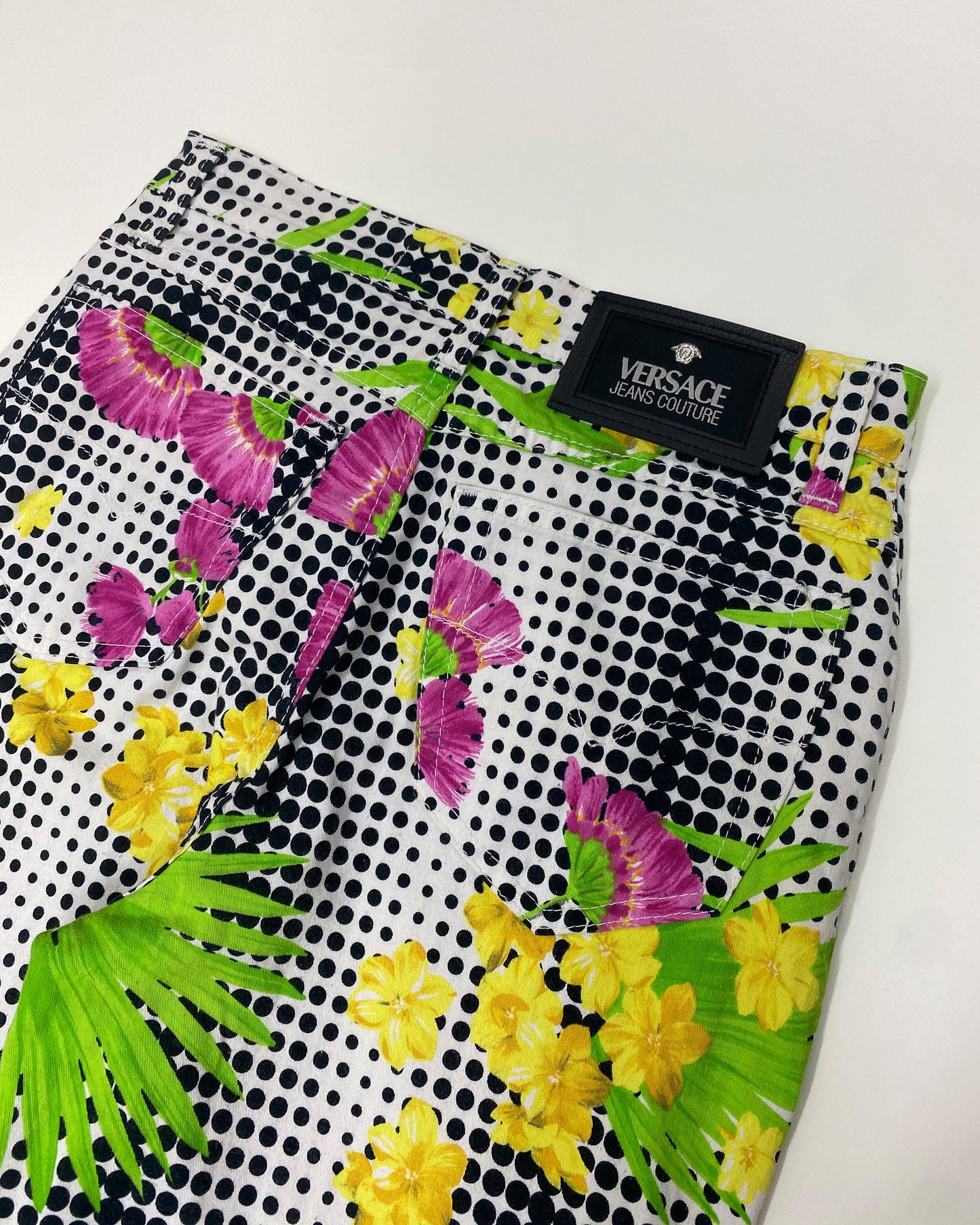 Versace Jeans Couture 1990s Dot Gird Flower All Over Print Pants White Multicolor
