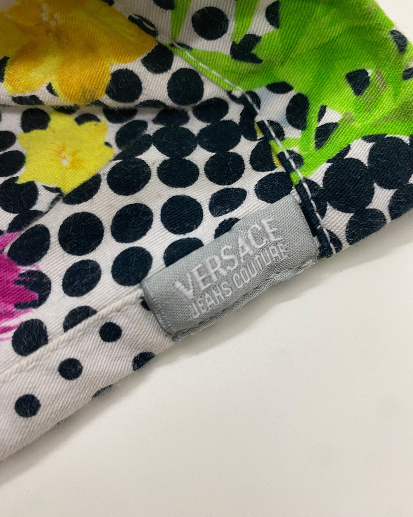 Versace Jeans Couture 1990s Dot Gird Flower All Over Print Pants White Multicolor