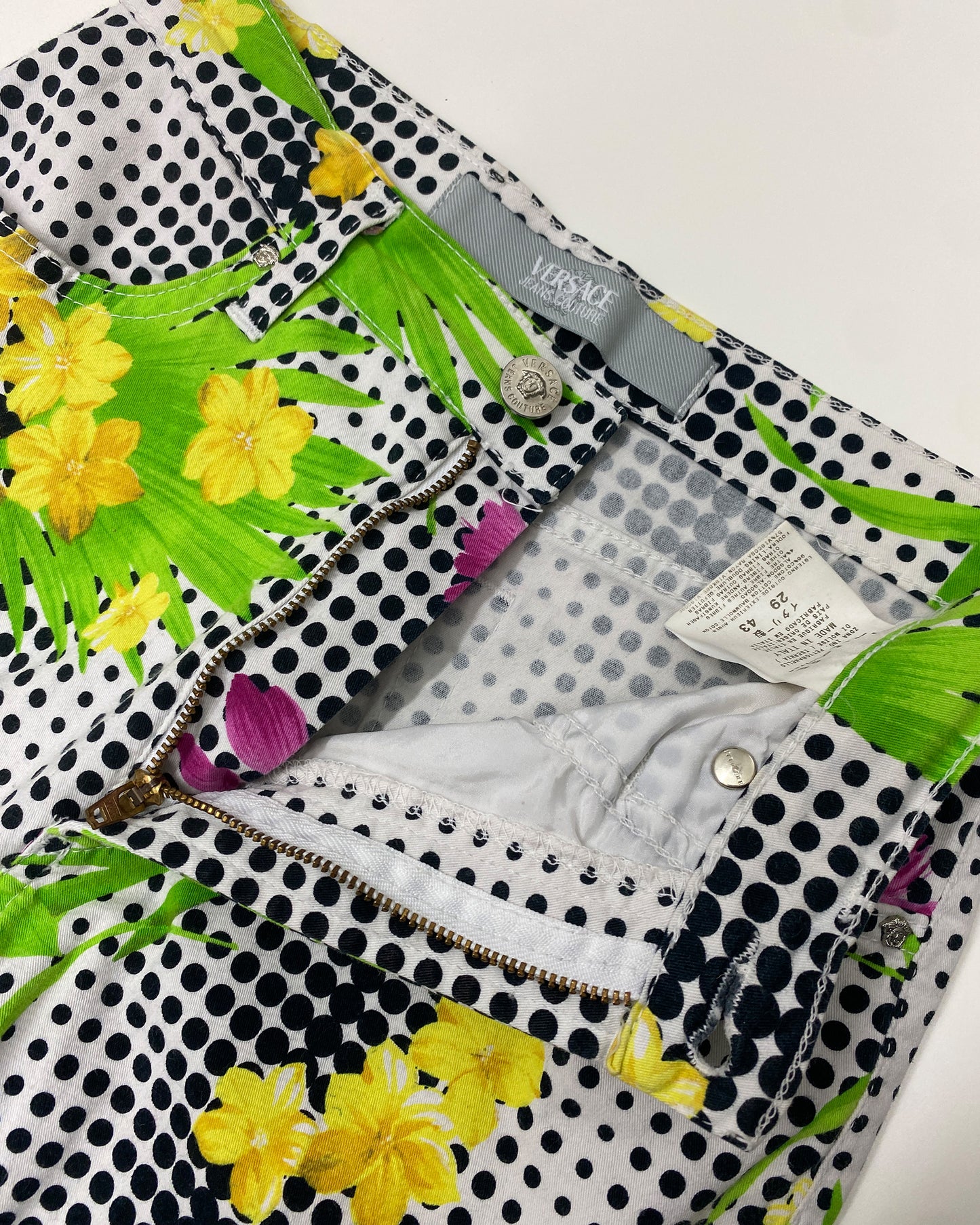 Versace Jeans Couture 1990s Dot Gird Flower All Over Print Pants White Multicolor