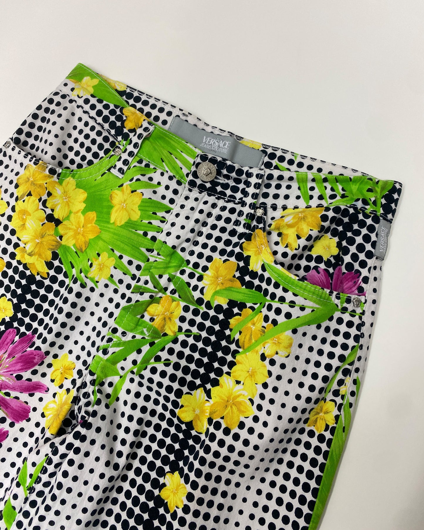 Versace Jeans Couture 1990s Dot Gird Flower All Over Print Pants White Multicolor