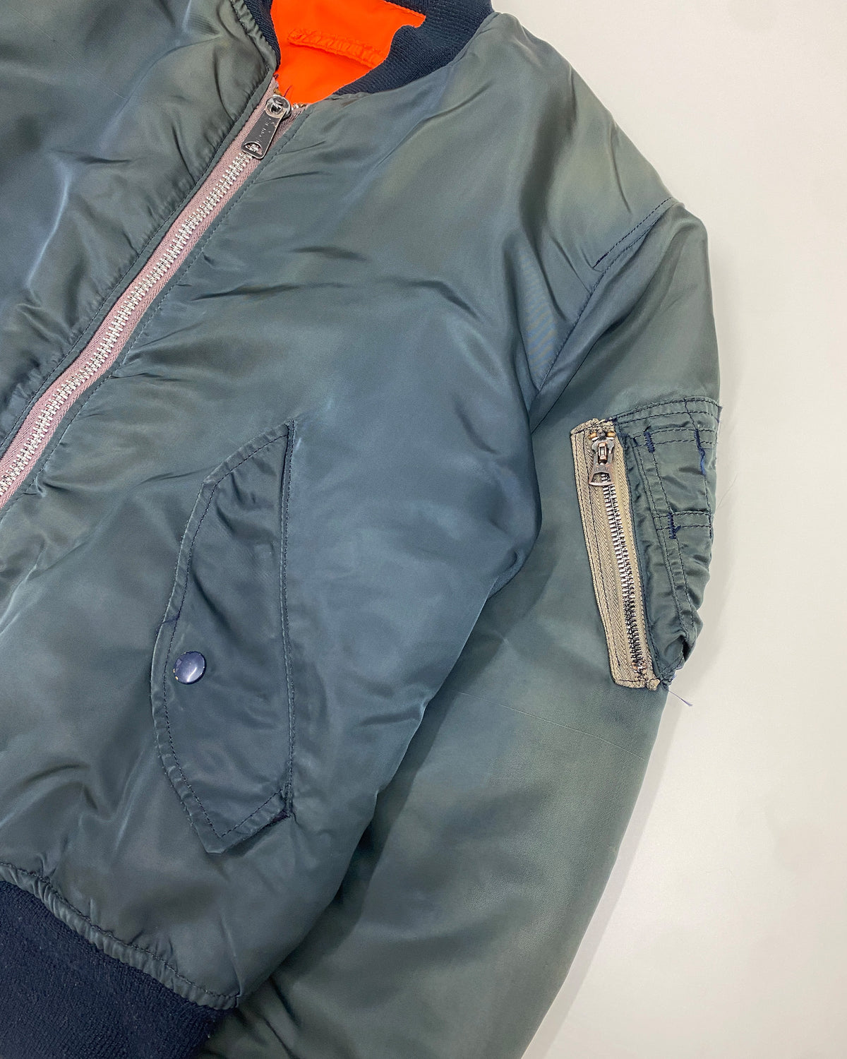 Vintage 1970s Made in USA Faded MA-1 Bomber Jacket Dark Petrol