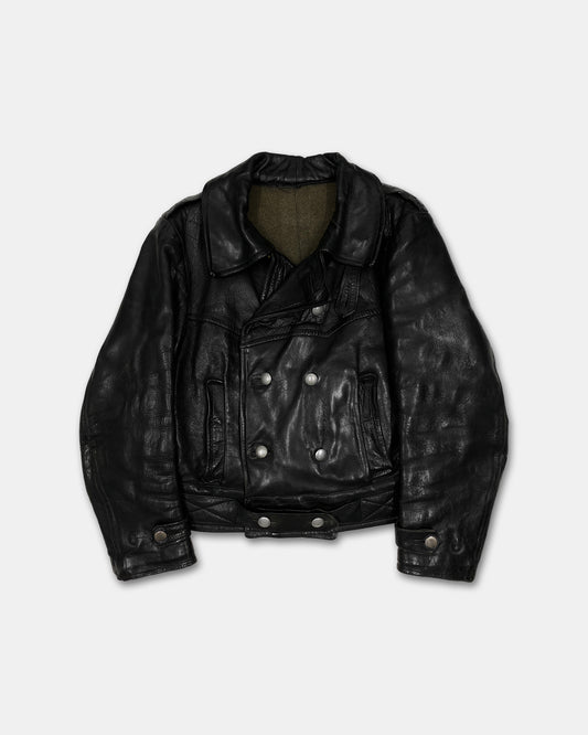 Vintage 1960s Double Breasted German Tanker Leather Jacket Black