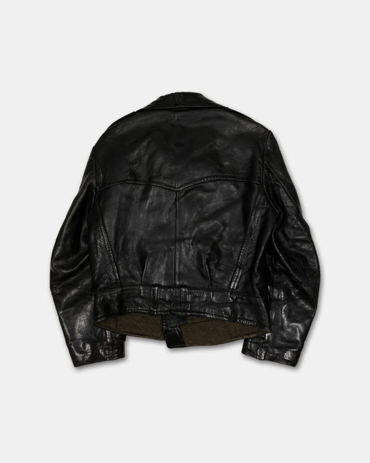 Vintage 1960s Double Breasted German Tanker Leather Jacket Black