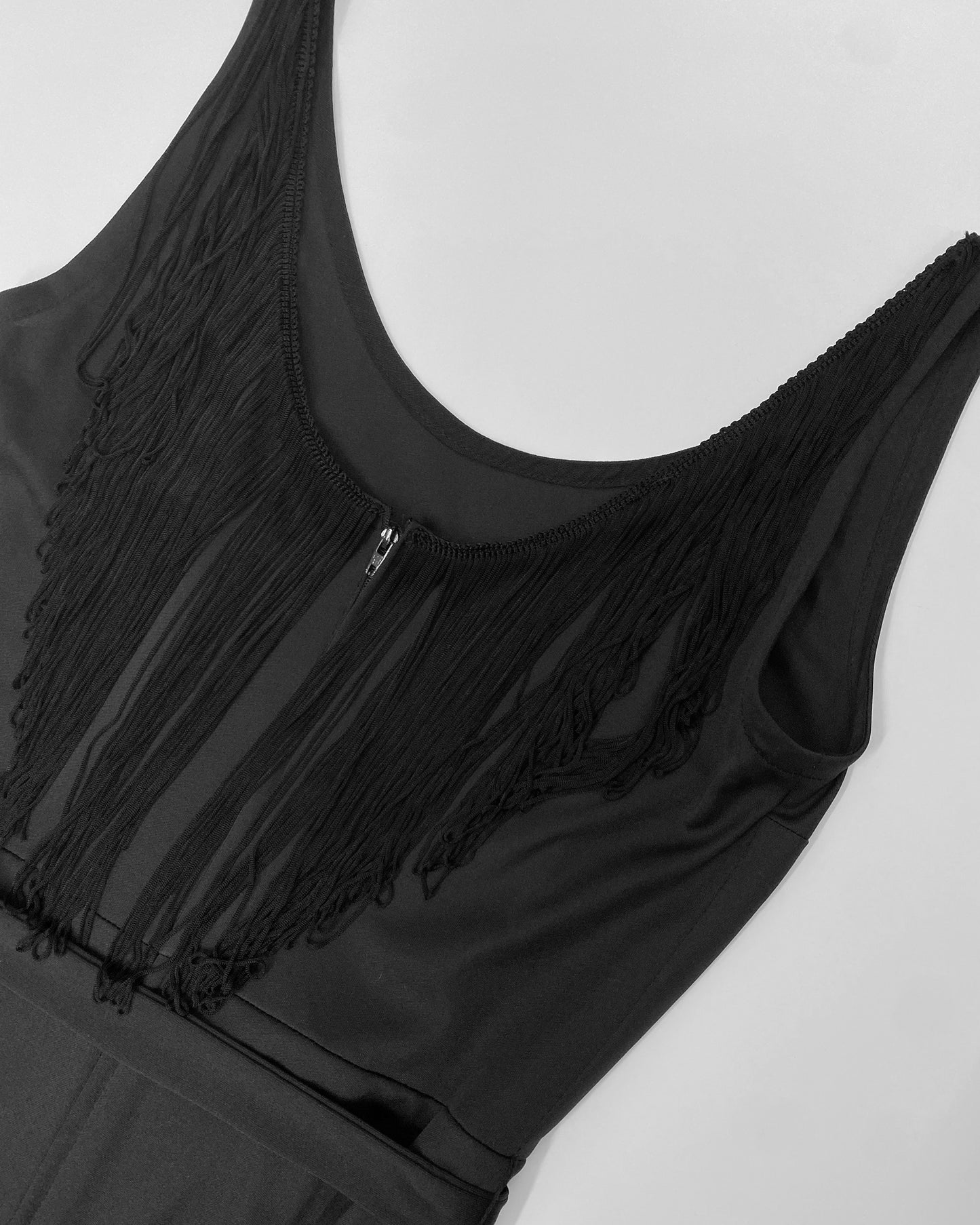 Vintage 1970s Fringe Back Tank Dress Black