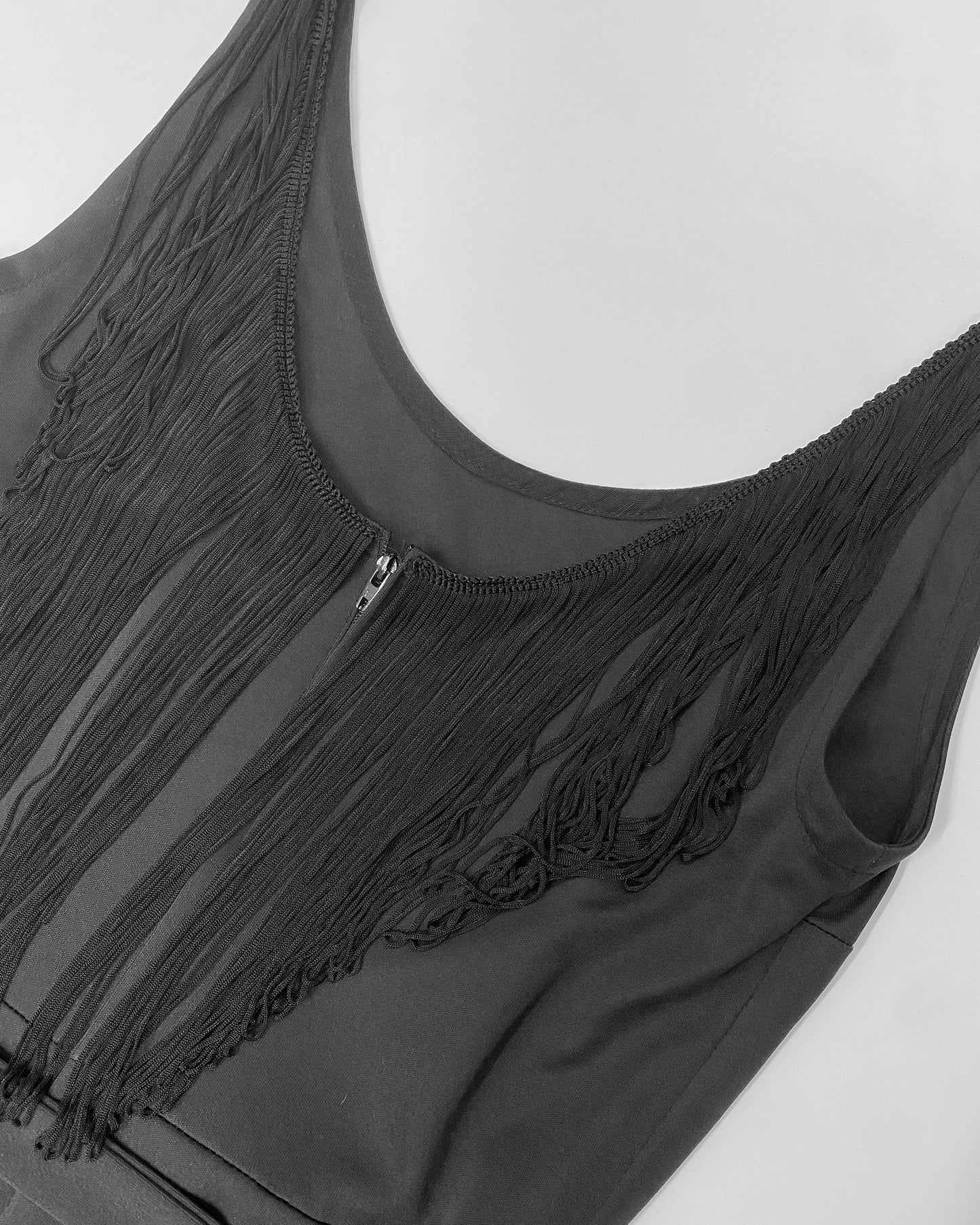 Vintage 1970s Fringe Back Tank Dress Black