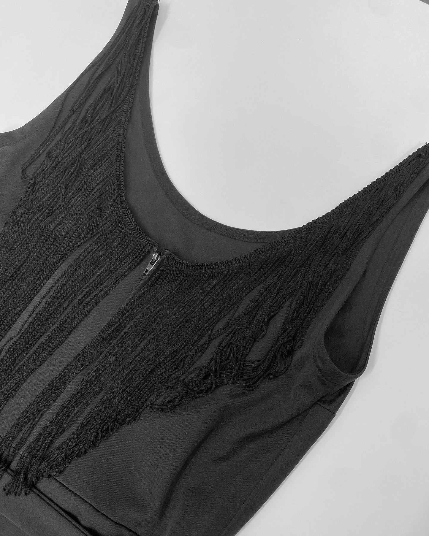 Vintage 1970s Fringe Back Tank Dress Black