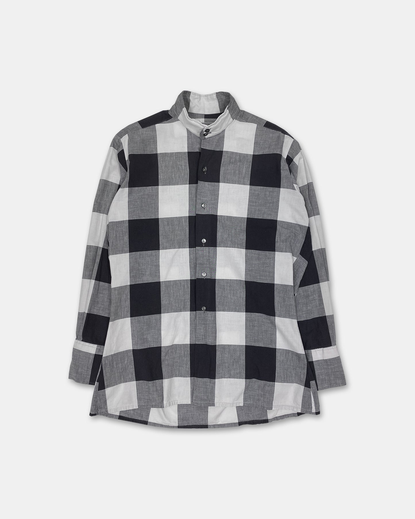 Vintage 1960s Gingham Checkered Stand Up Collar Shirt Black White