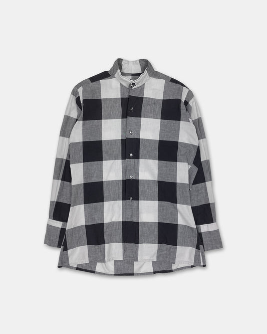 Vintage 1960s Gingham Checkered Stand Up Collar Shirt Black White