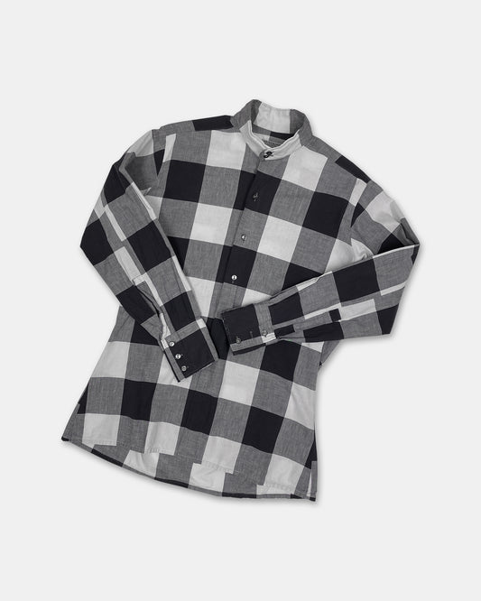 Vintage 1960s Gingham Checkered Stand Up Collar Shirt Black White