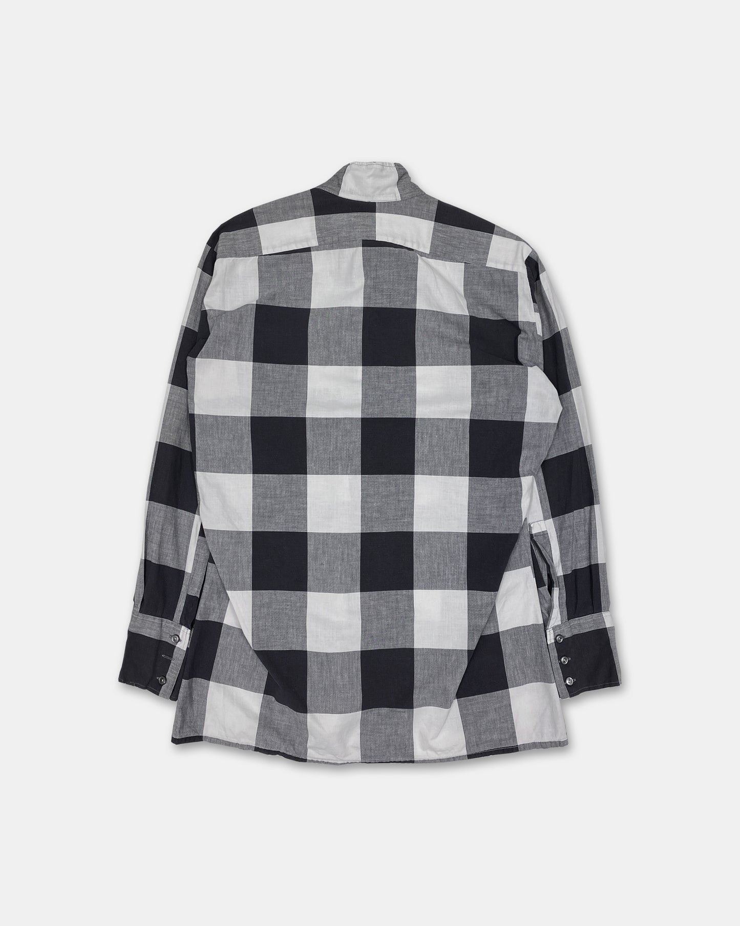 Vintage 1960s Gingham Checkered Stand Up Collar Shirt Black White