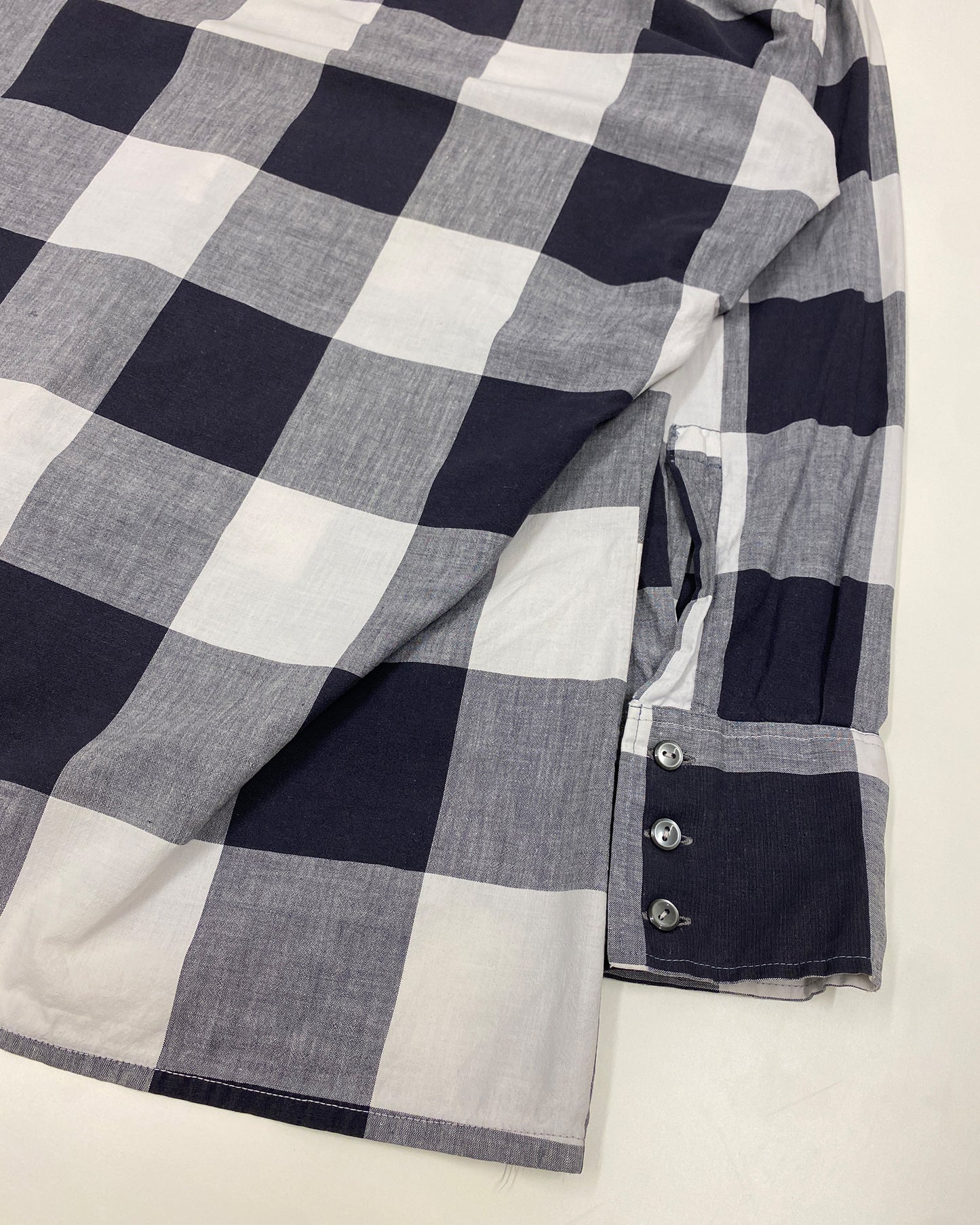Vintage 1960s Gingham Checkered Stand Up Collar Shirt Black White
