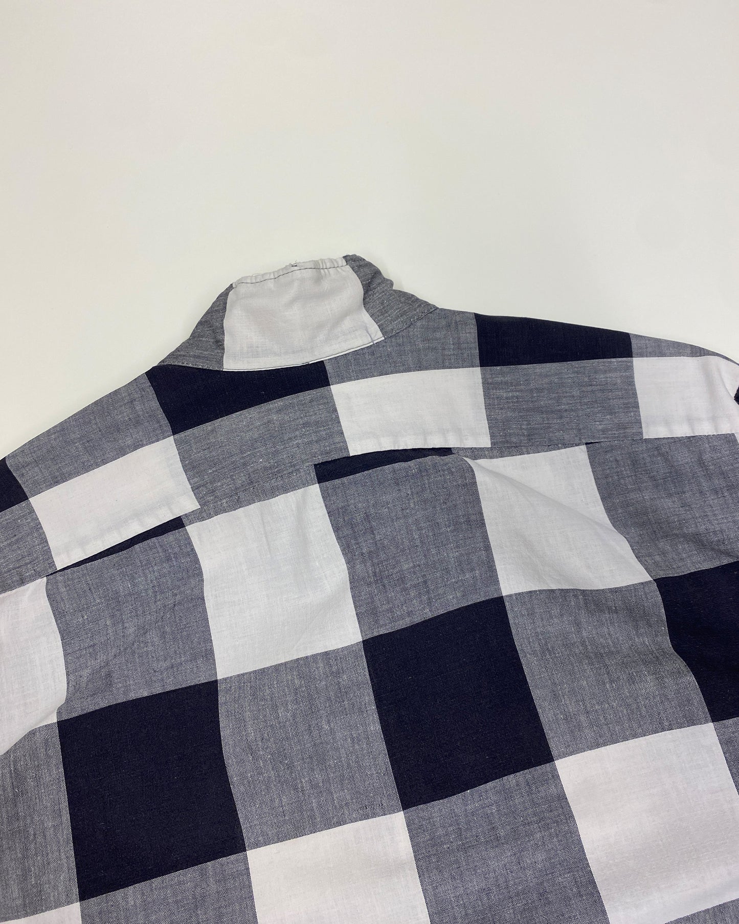 Vintage 1960s Gingham Checkered Stand Up Collar Shirt Black White