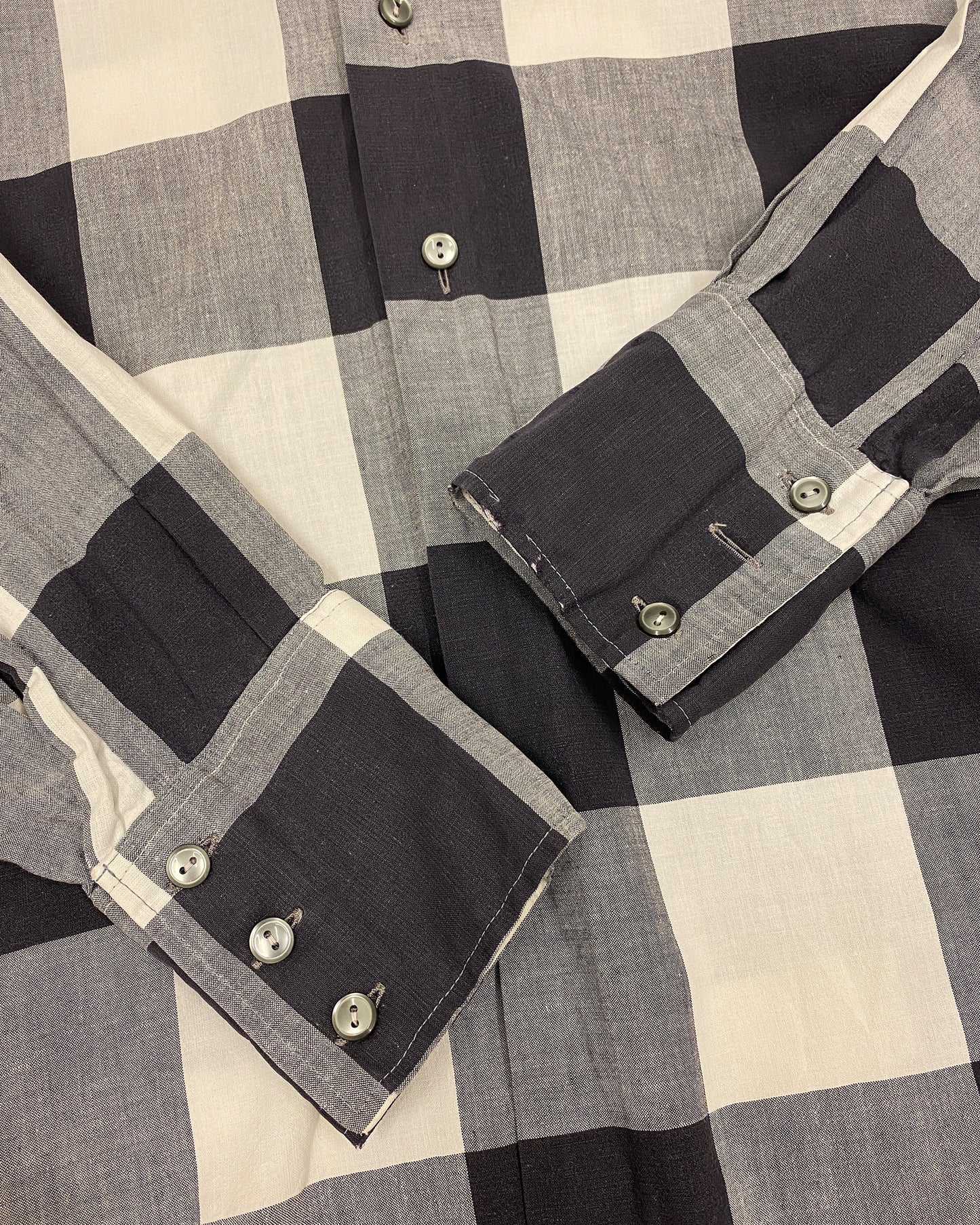 Vintage 1960s Gingham Checkered Stand Up Collar Shirt Black White