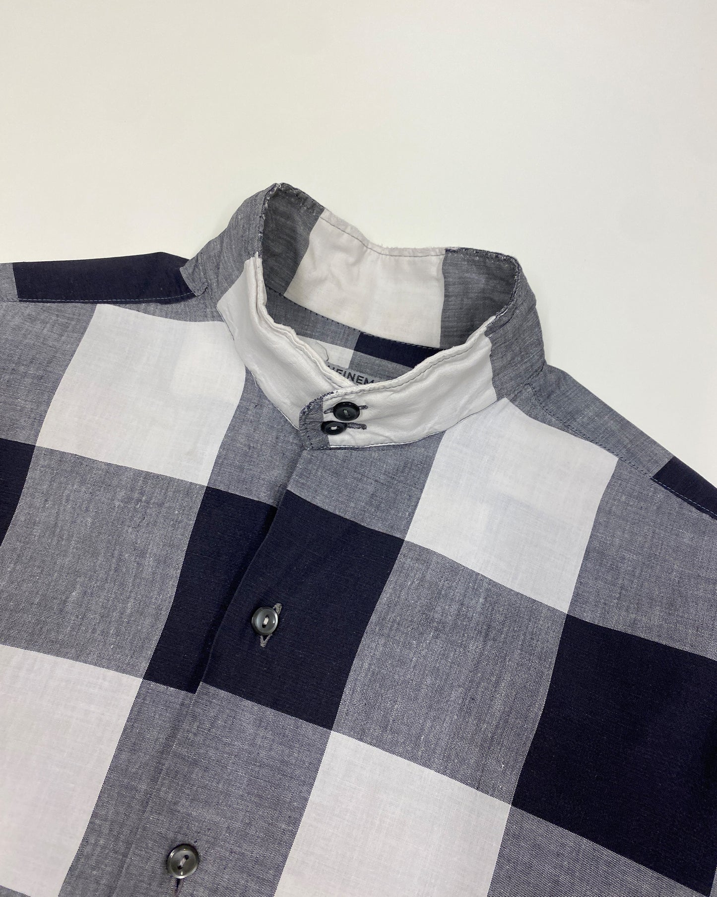 Vintage 1960s Gingham Checkered Stand Up Collar Shirt Black White