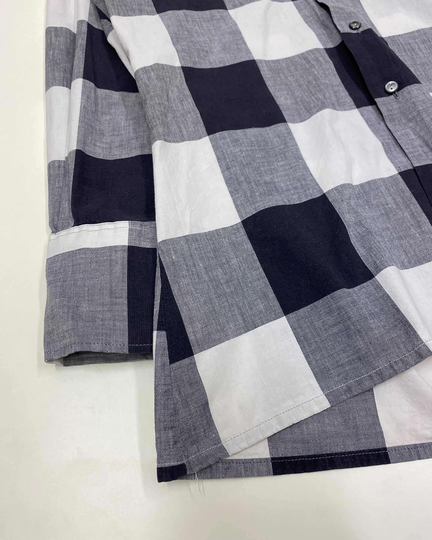 Vintage 1960s Gingham Checkered Stand Up Collar Shirt Black White