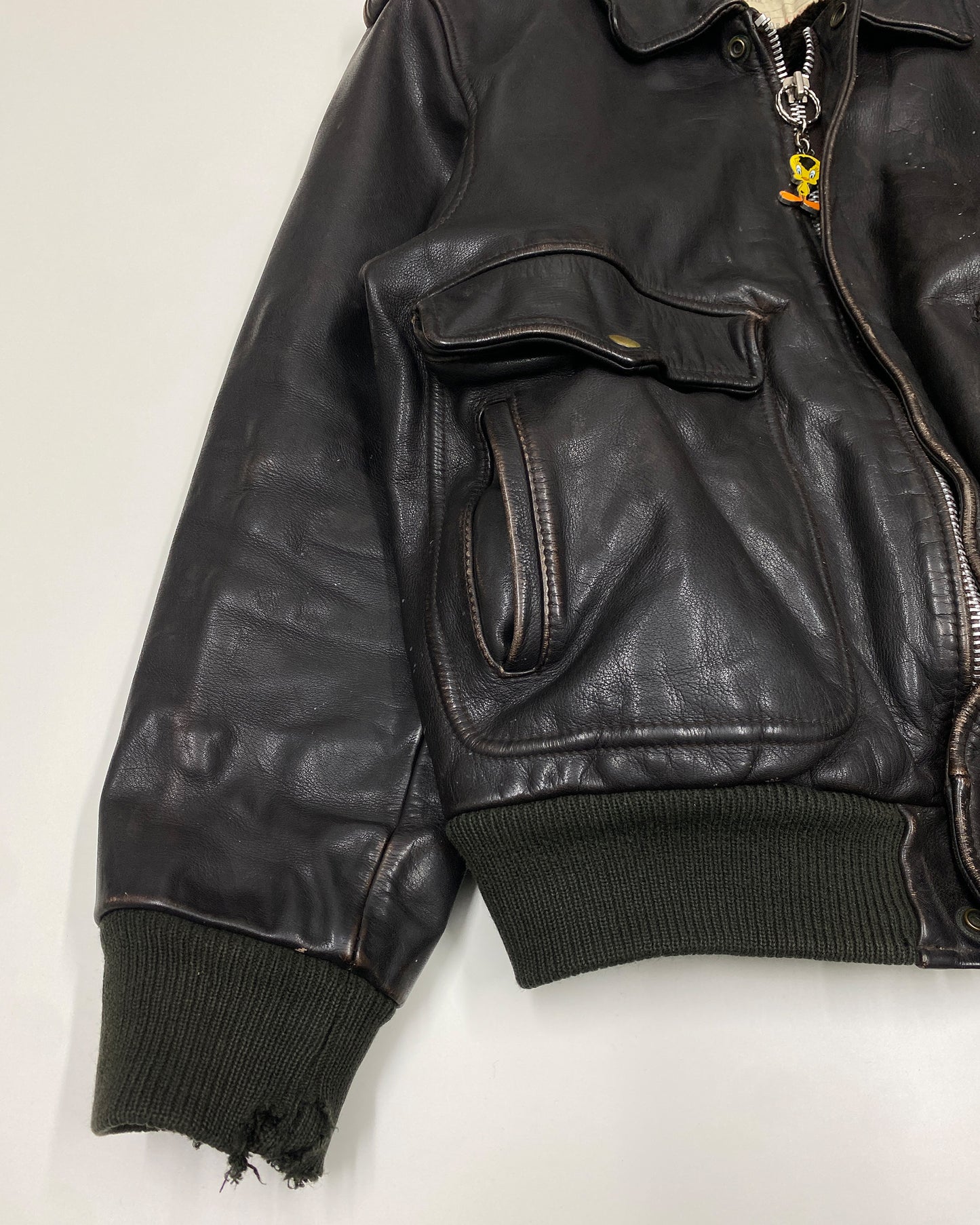 Vintage 1990s Trashed U.S. Air Force A-2 Flight Leather Jacket Brown