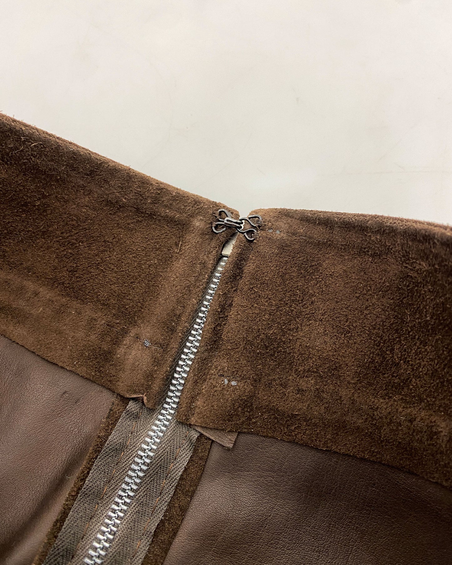 Vintage 1960s Riri Zip Midi Suede Leather Skirt Brown