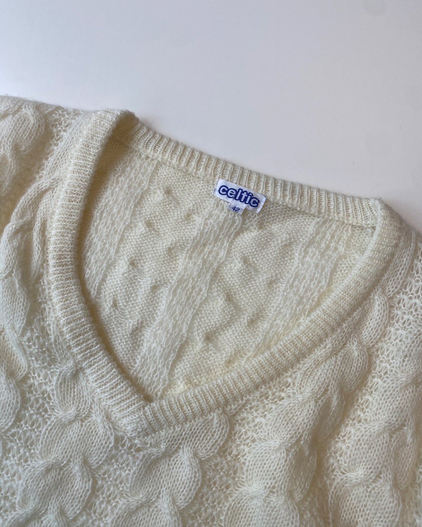 Vintage 1970s Mohair V-Neck Knit Sweater White