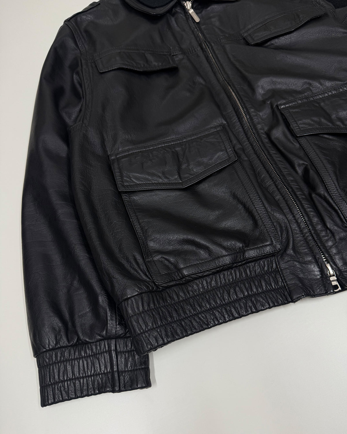 Vintage 1990s Polizei Riri Zip Wool Collar Chest Pocket Leather Jacket Black