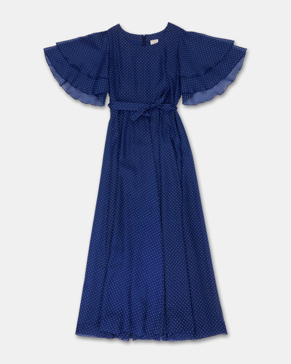 Vintage 1970s Polka Dot Butterfly Sleeves Dress Navy
