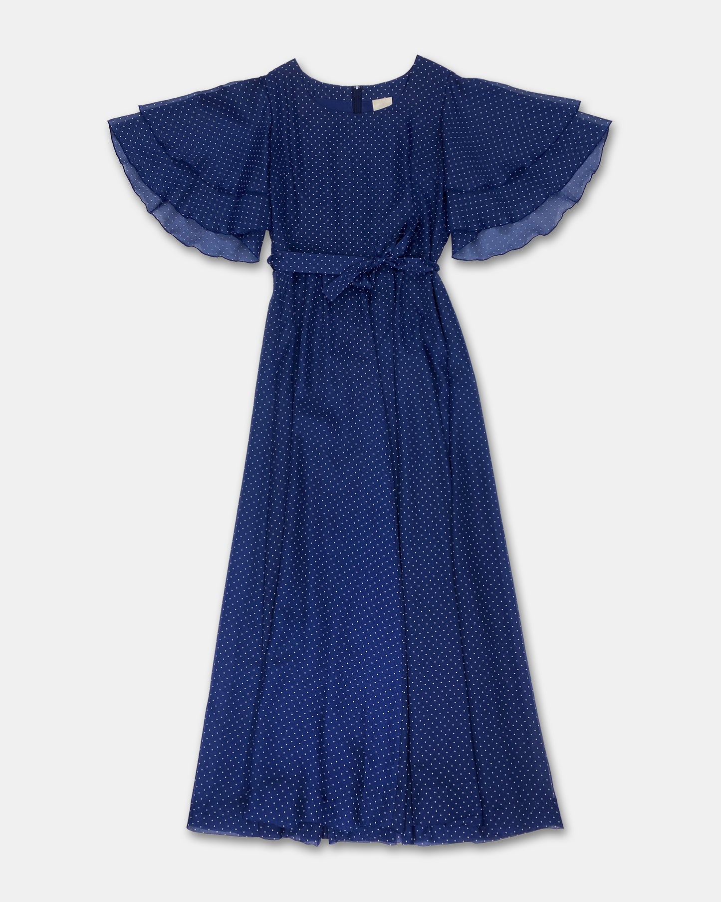 Vintage 1970s Polka Dot Butterfly Sleeves Dress Navy