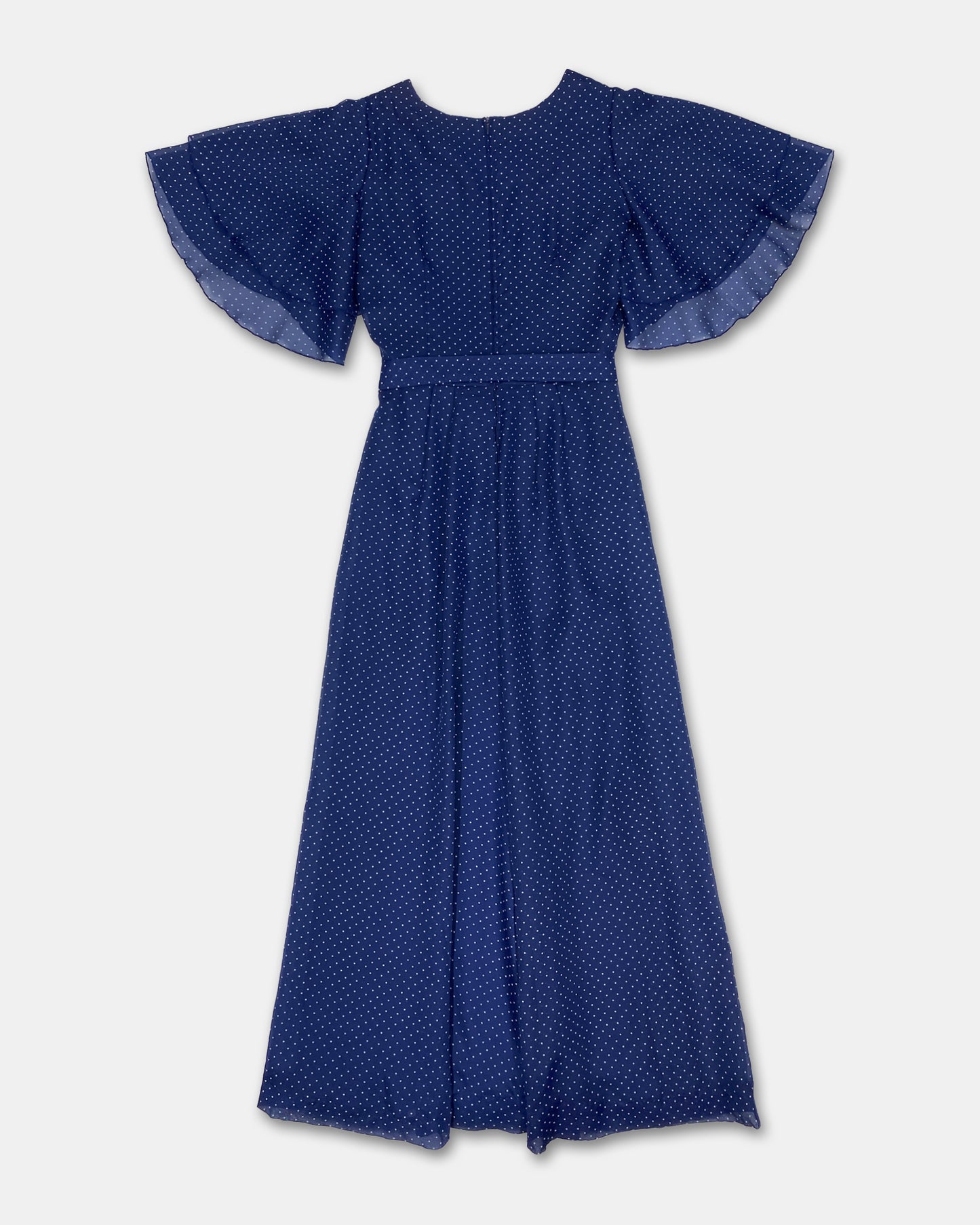 Vintage 1970s Polka Dot Butterfly Sleeves Dress Navy