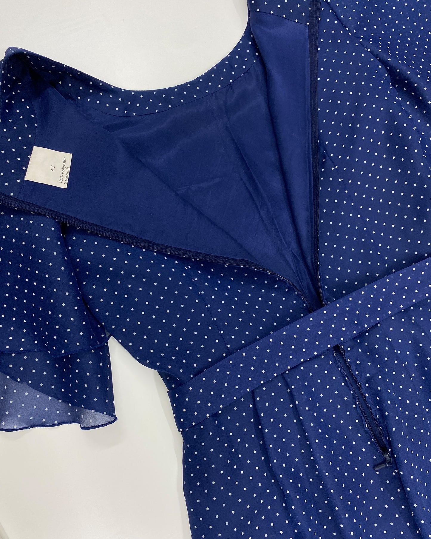 Vintage 1970s Polka Dot Butterfly Sleeves Dress Navy