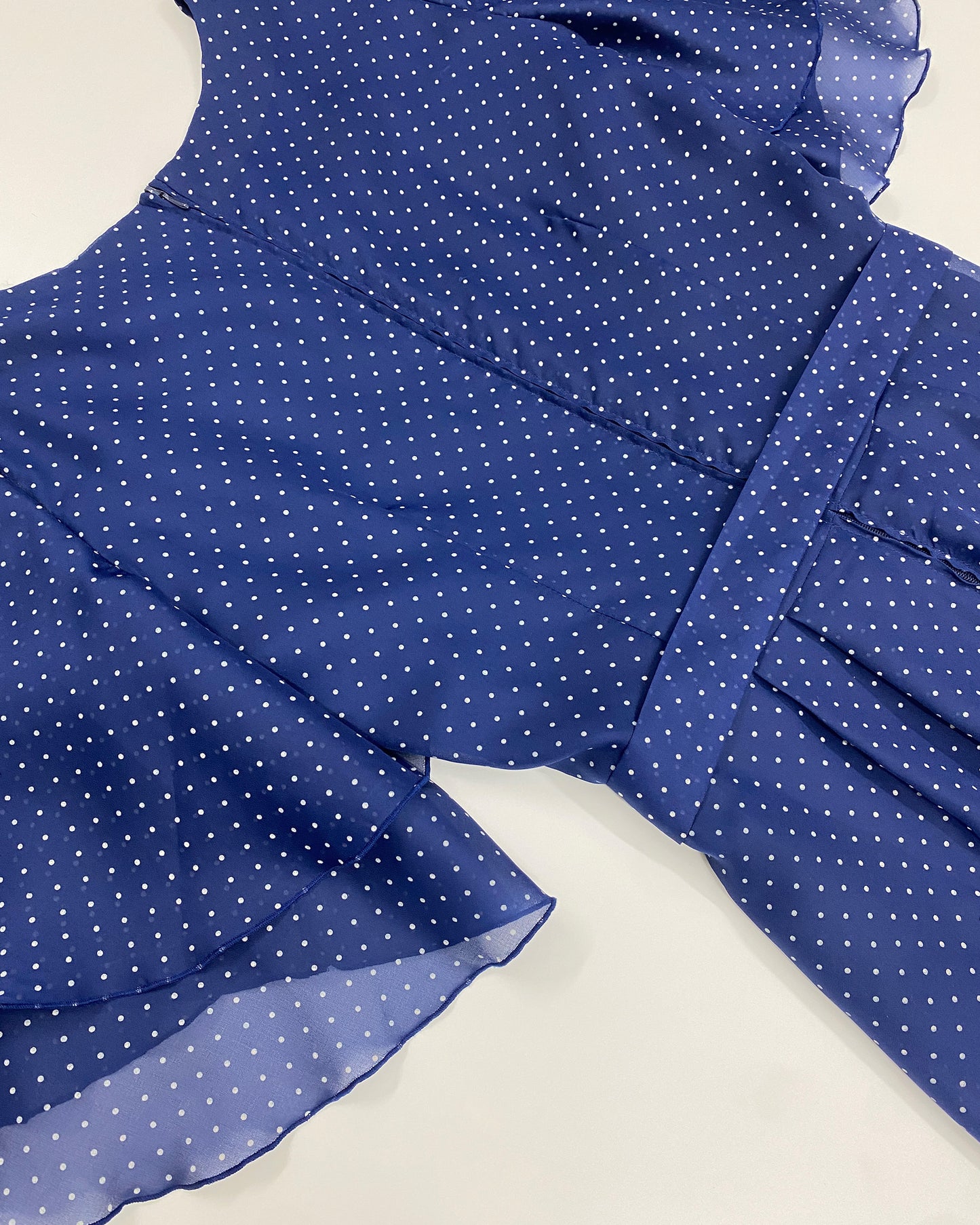 Vintage 1970s Polka Dot Butterfly Sleeves Dress Navy