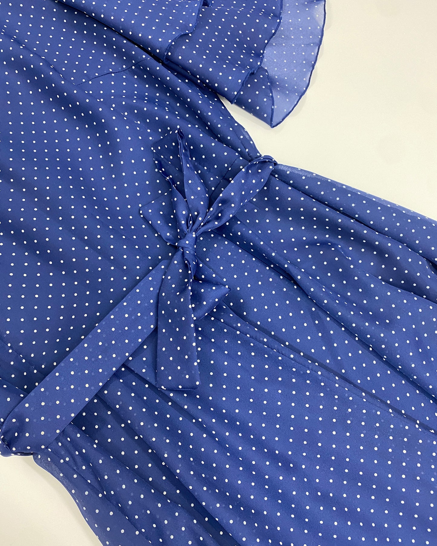 Vintage 1970s Polka Dot Butterfly Sleeves Dress Navy