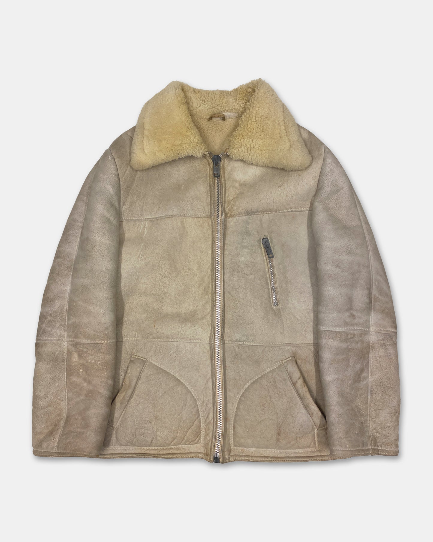 Vintage 1960s Shearling Suede Leather Jacket White Beige