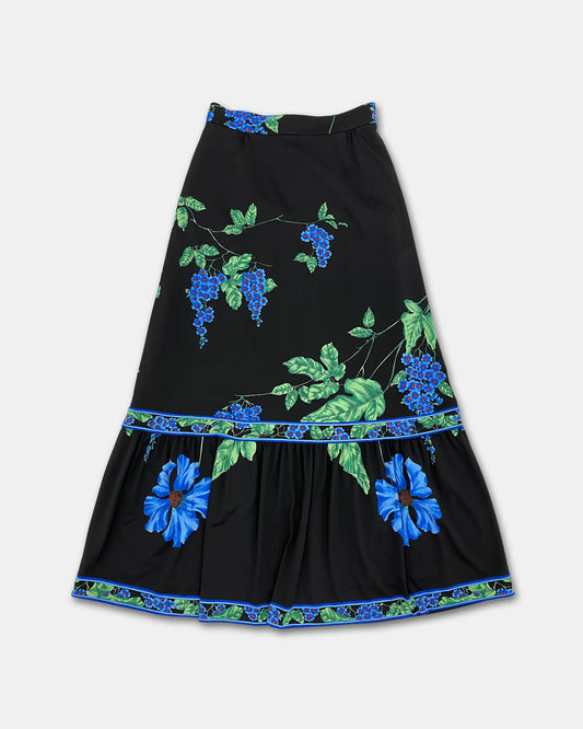 Vintage 1980s Flower Print Maxi Skirt Black