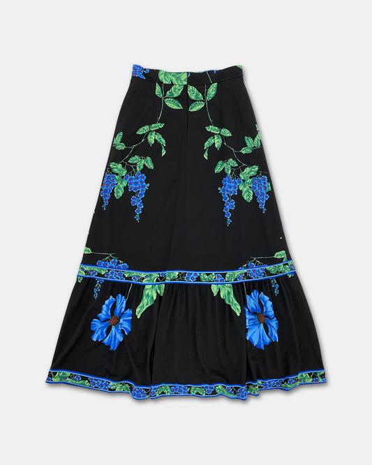 Vintage 1980s Flower Print Maxi Skirt Black