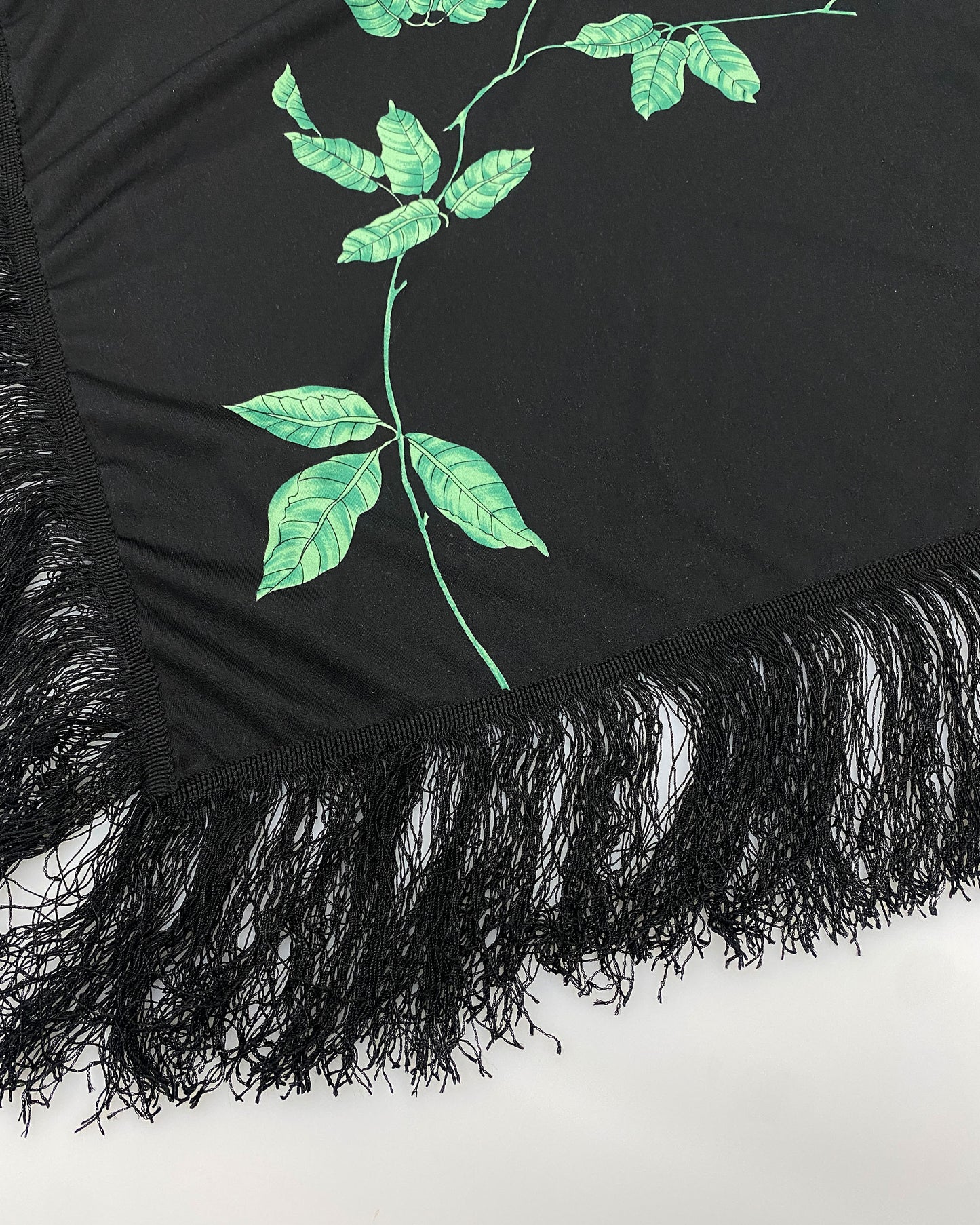 Vintage 1980s Flower Print Fringed Triangle Scarf Black