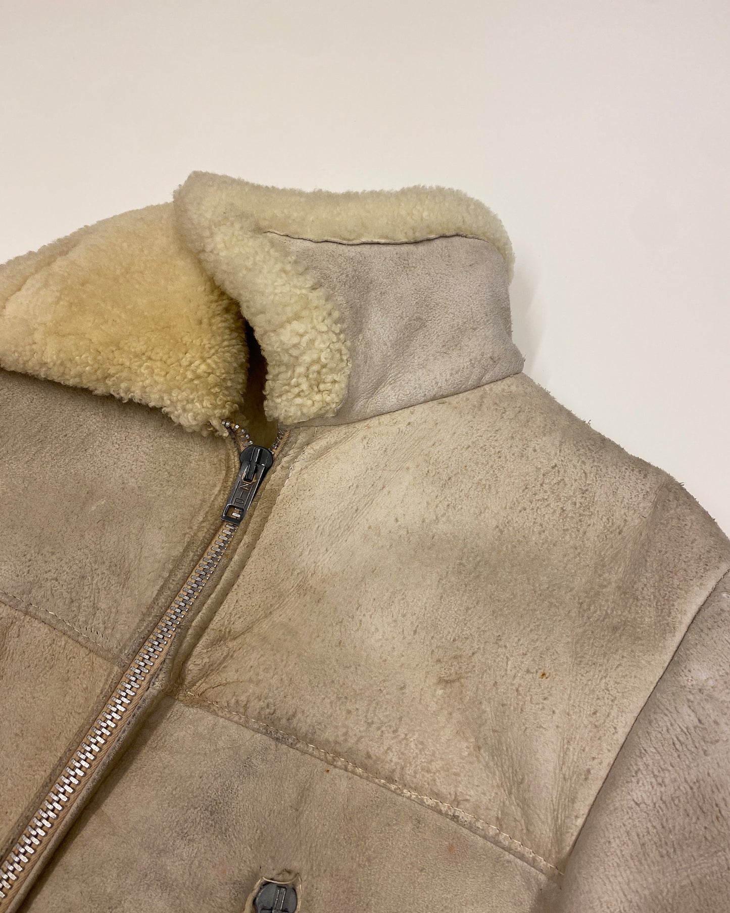 Vintage 1960s Shearling Suede Leather Jacket White Beige