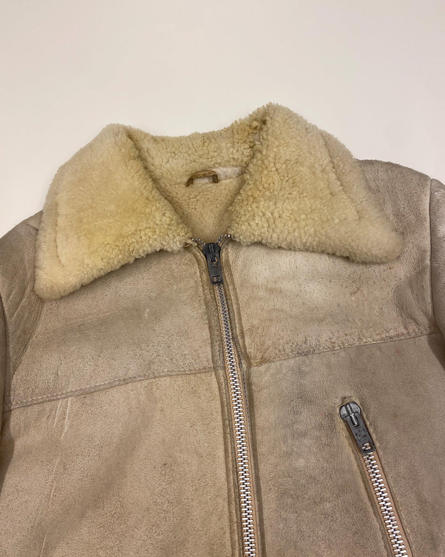 Vintage 1960s Shearling Suede Leather Jacket White Beige