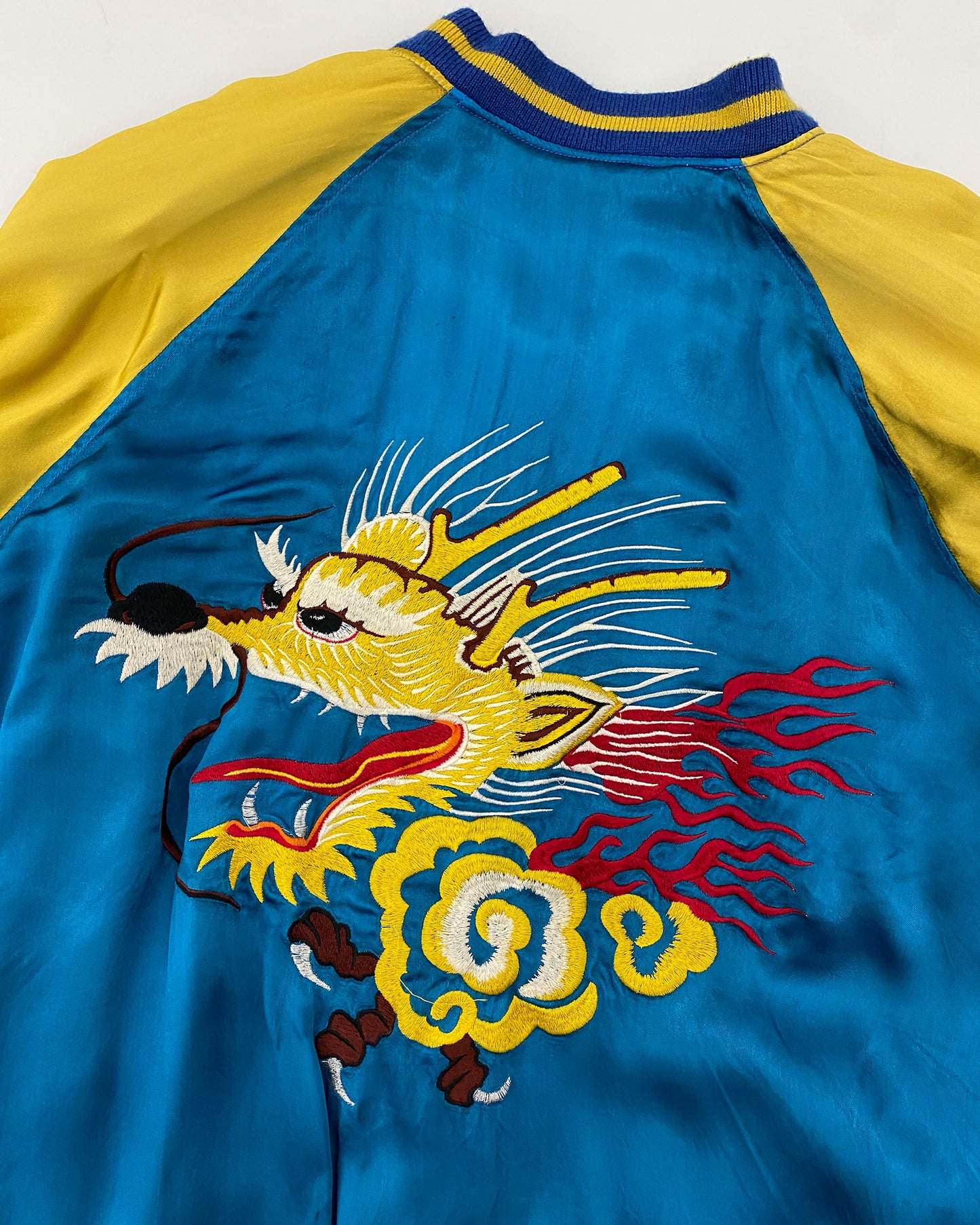 Vintage 1980s Reversible Japan Dragon Souvenir Jacket Blue Yellow