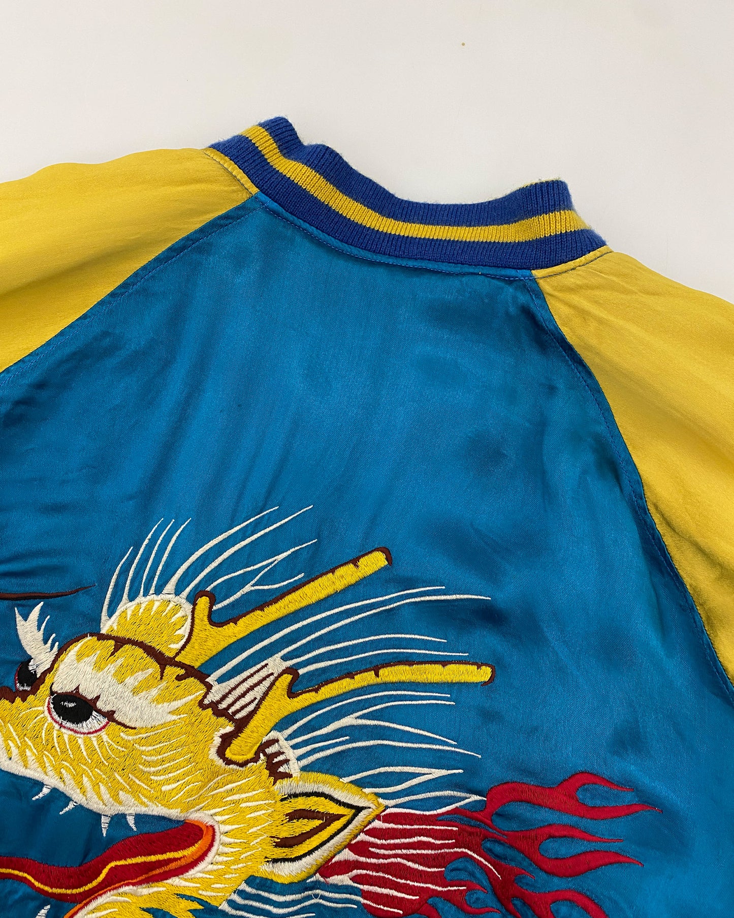 Vintage 1980s Reversible Japan Dragon Souvenir Jacket Blue Yellow