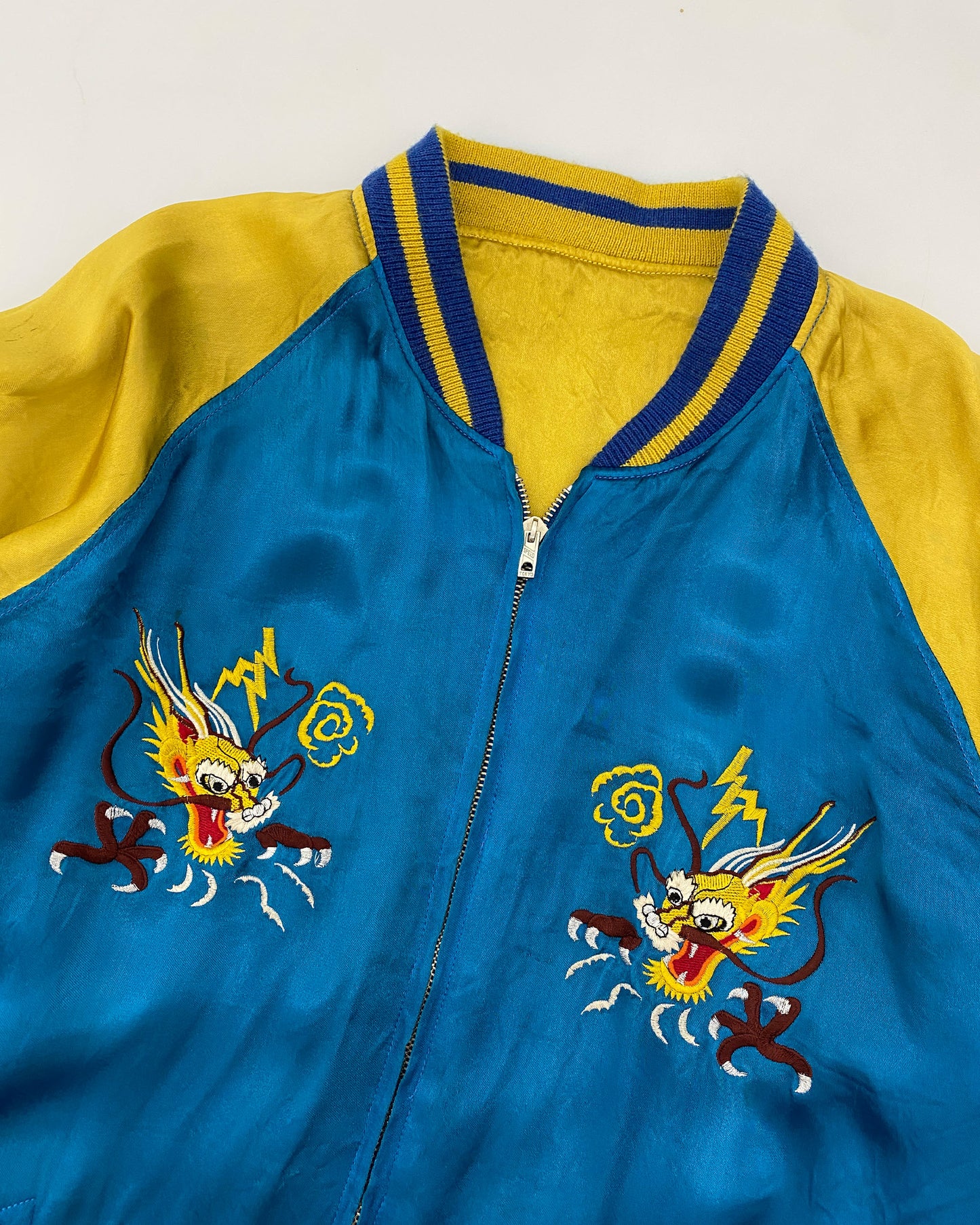 Vintage 1980s Reversible Japan Dragon Souvenir Jacket Blue Yellow