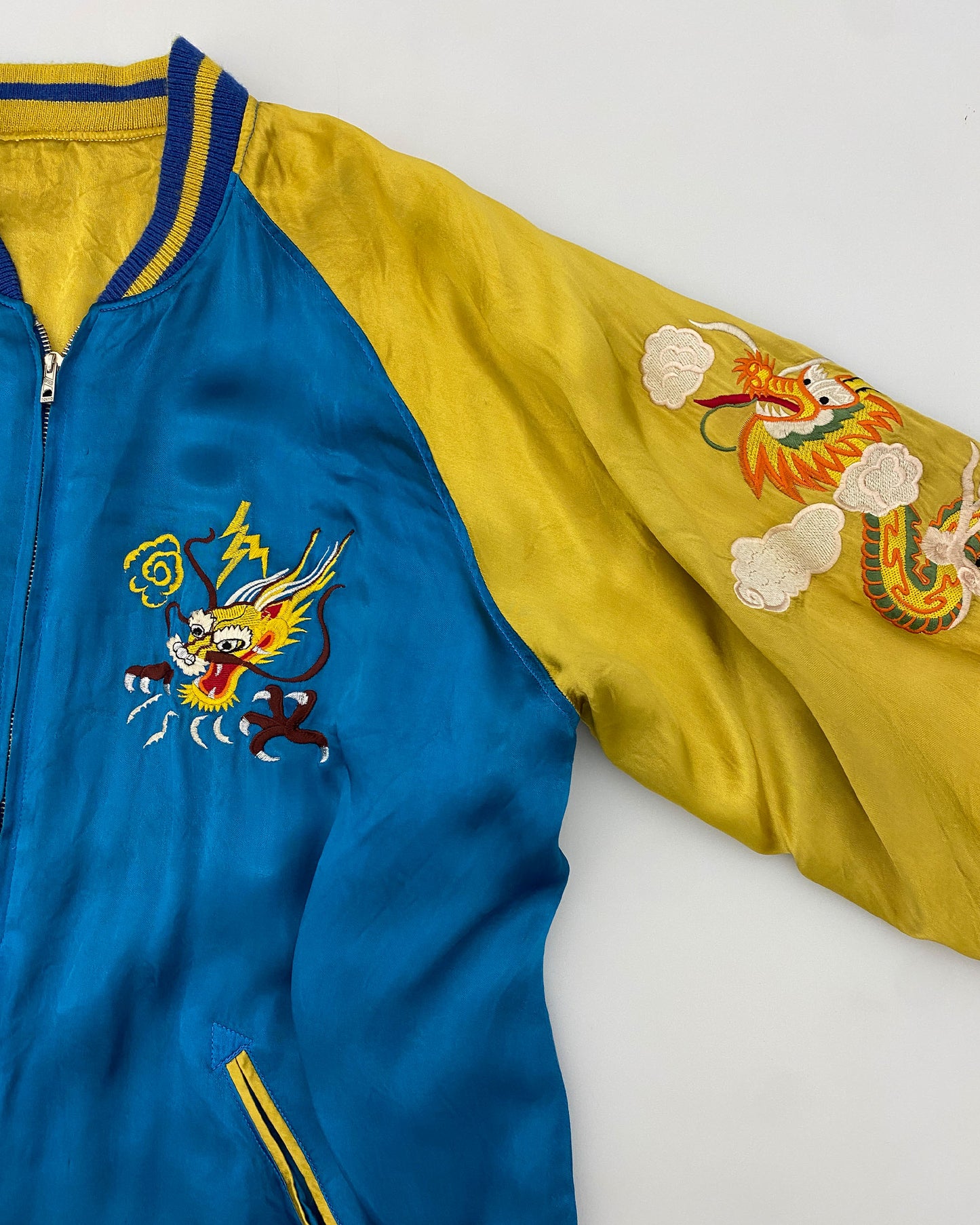 Vintage 1980s Reversible Japan Dragon Souvenir Jacket Blue Yellow