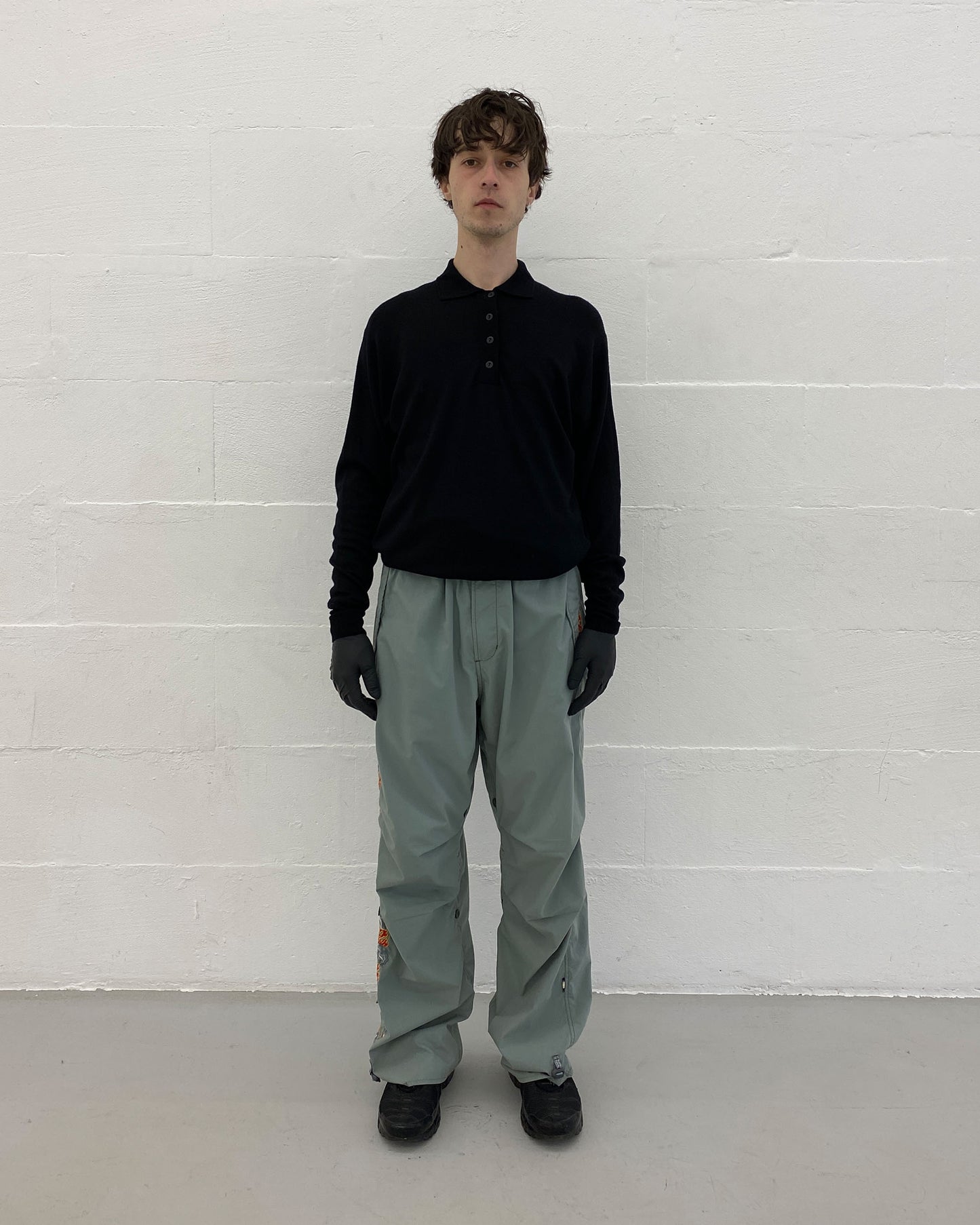 Maharishi 2000s Embroidered Flames Snopants Parachute Pants Light Grey Petrol