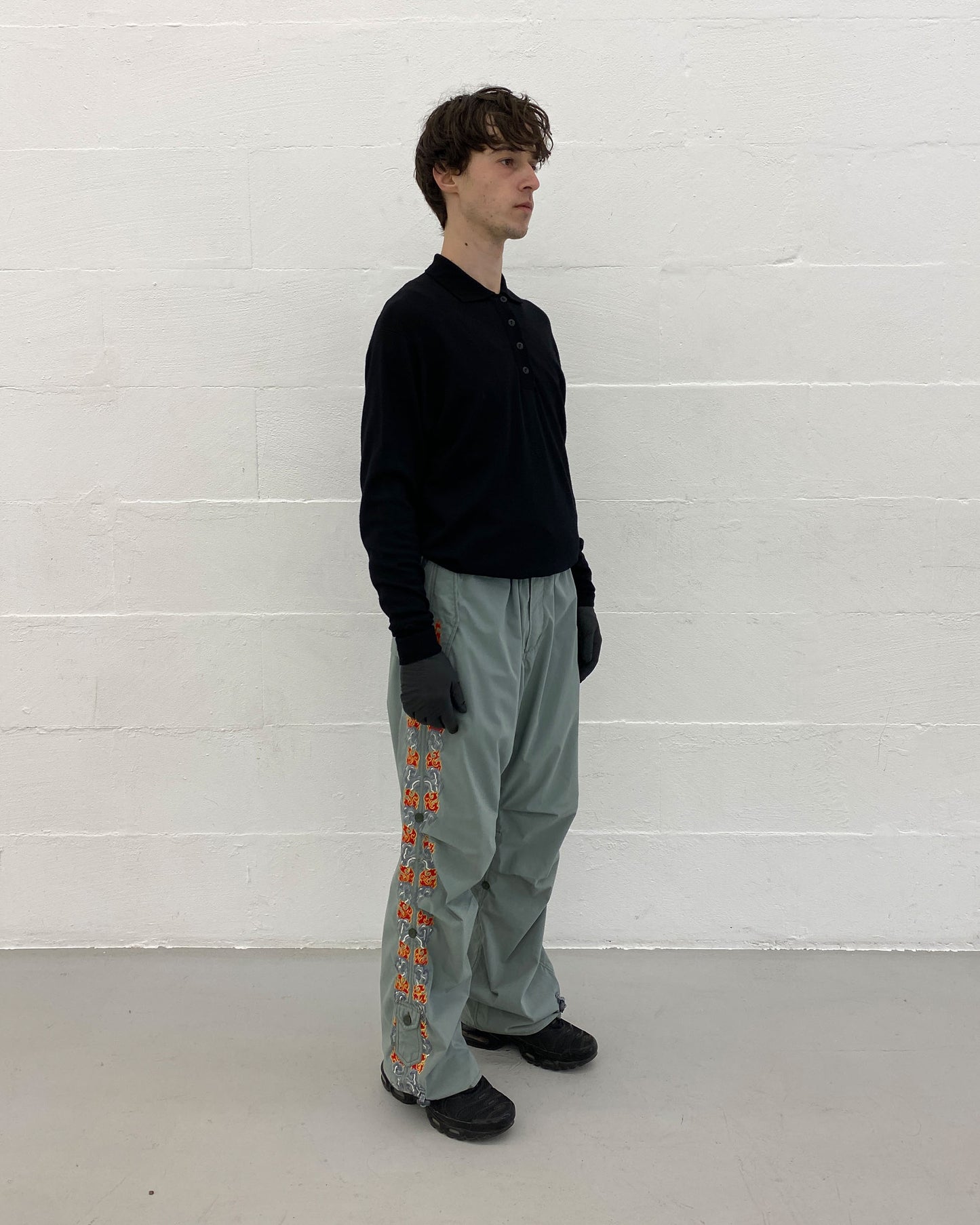 Maharishi 2000s Embroidered Flames Snopants Parachute Pants Light Grey Petrol