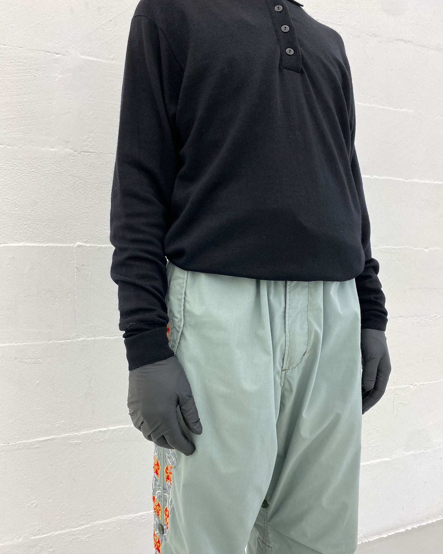 Maharishi 2000s Embroidered Flames Snopants Parachute Pants Light Grey Petrol